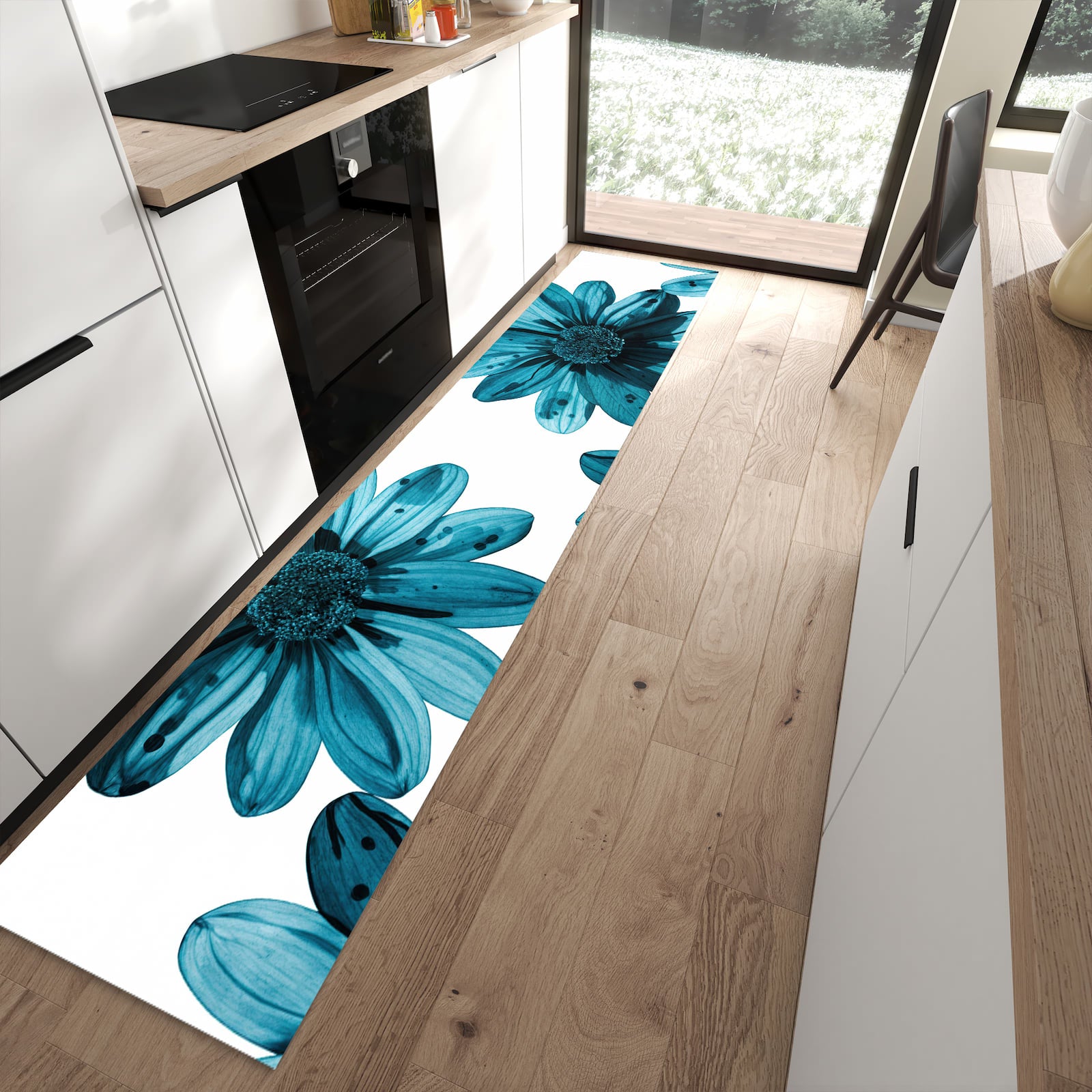 Wasserabweisender Teppich für Küche mit Motiv Geblümt in moderner Küche