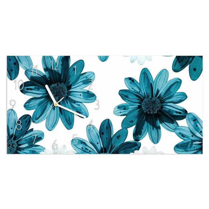 Wanduhr Blaues Blumenmuster aus Glas – Querformat 60 × 30 cm mit Ziffernblatt Elegant