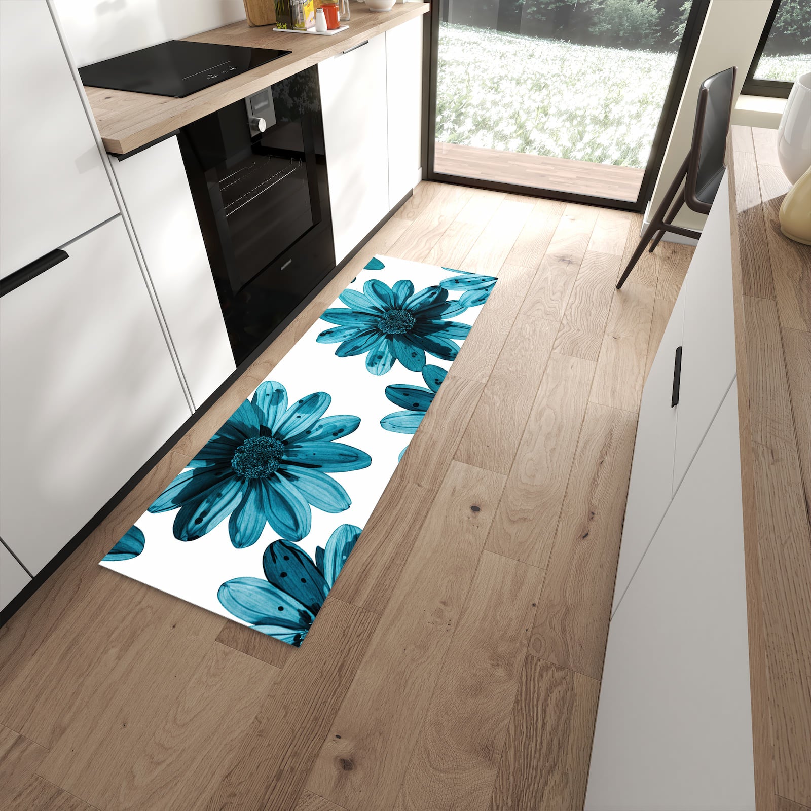 Abriebfester Küchenteppich mit Motiv Geblümt in moderner Küche