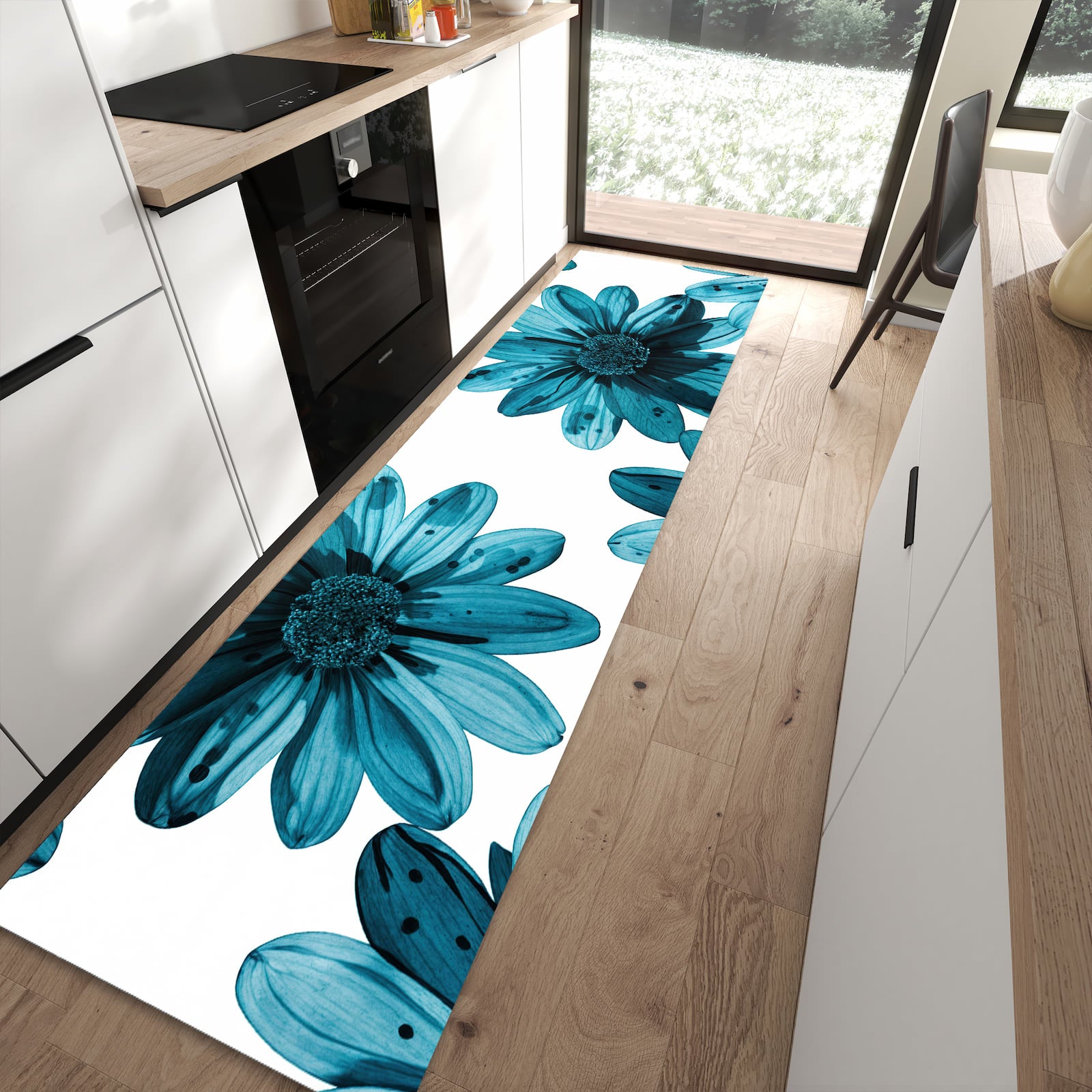 Flacher Küchenteppich mit Motiv Geblümt in moderner Küche