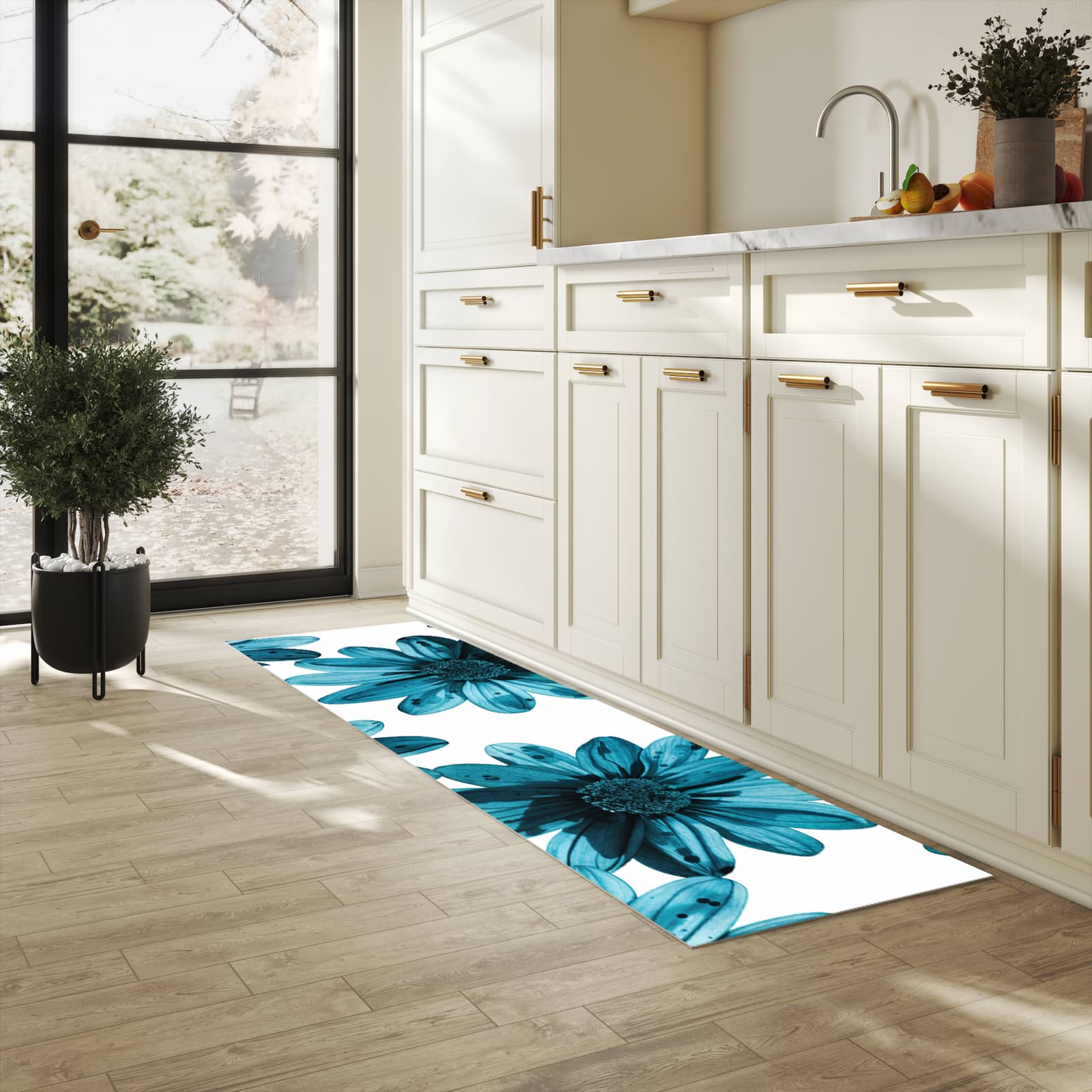 Abriebfester rutschfester Küchenläufer mit Motiv Geblümt in heller Küche