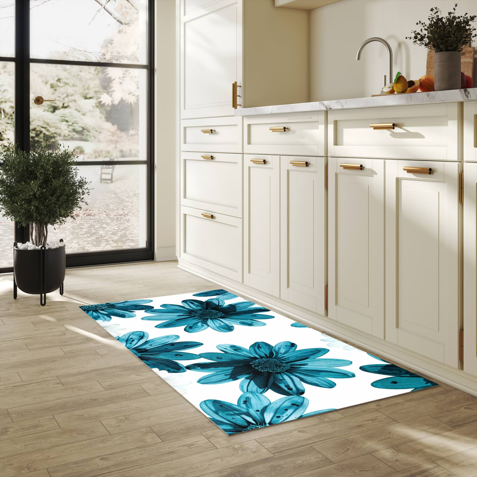 Flacher moderner Küchenläufer mit Motiv Geblümt in heller Küche