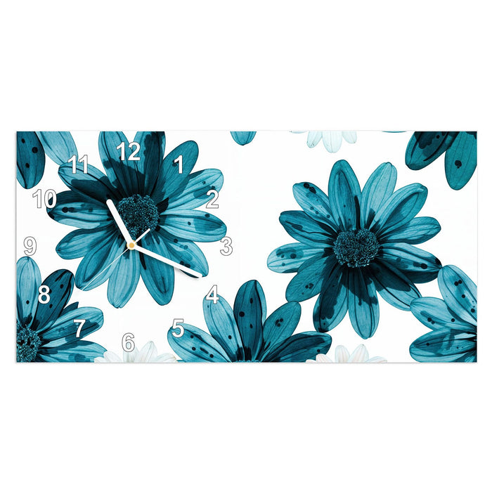 Wanduhr Blaues Blumenmuster aus Glas – Querformat 60 × 30 cm mit Ziffernblatt Modern