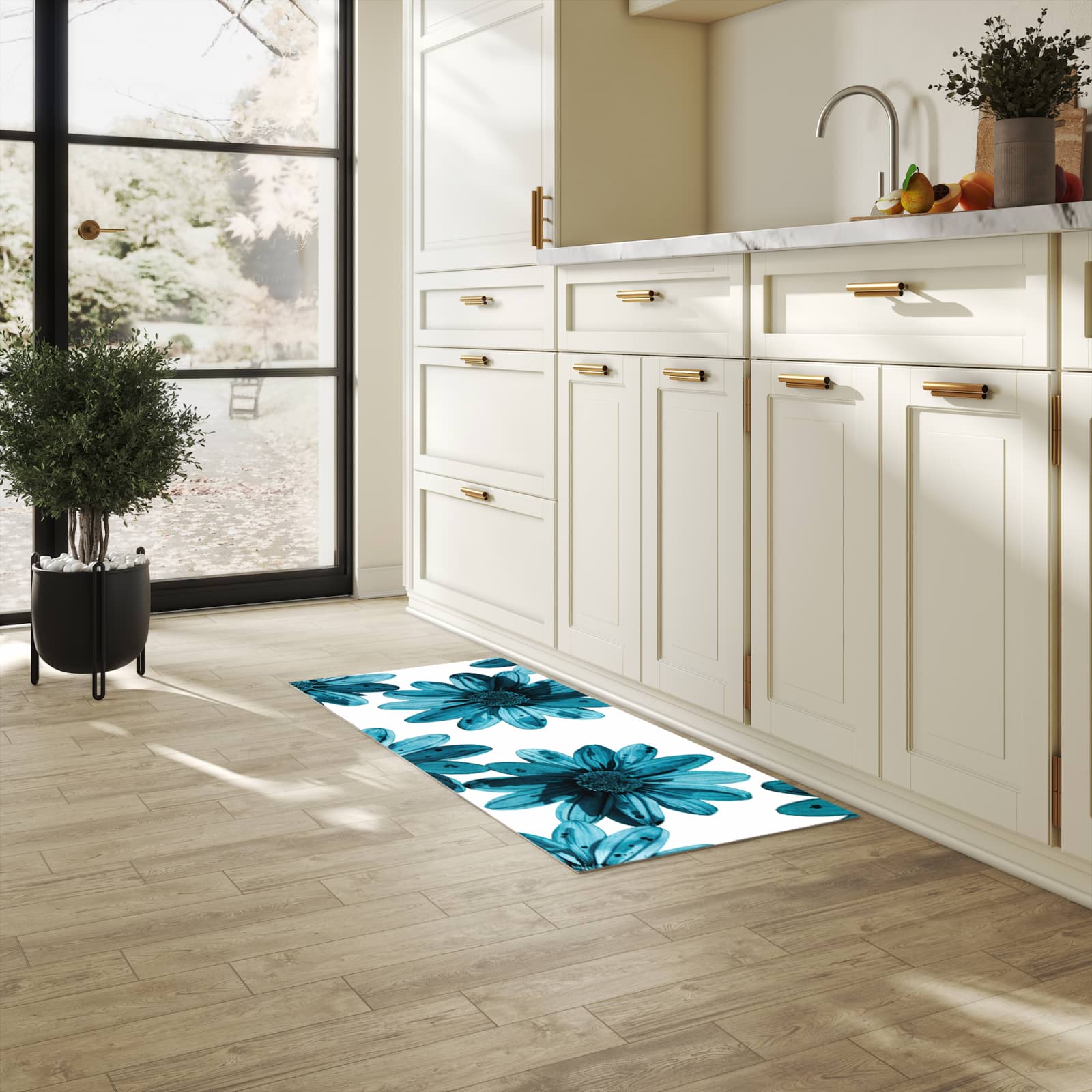 Zeitsparender Küchenläufer mit Motiv Geblümt in heller Küche