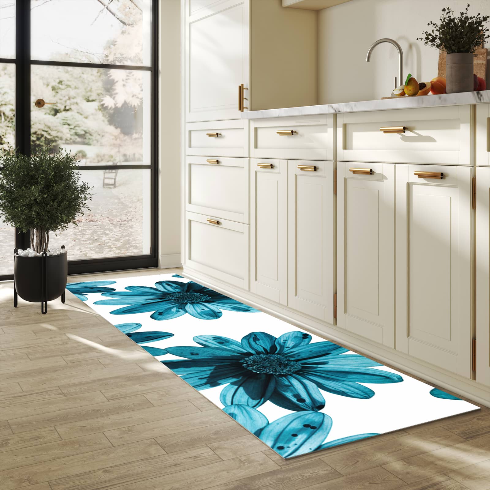 Geruchsneutraler Küchenläufer nach Maß mit Motiv Geblümt in heller Küche