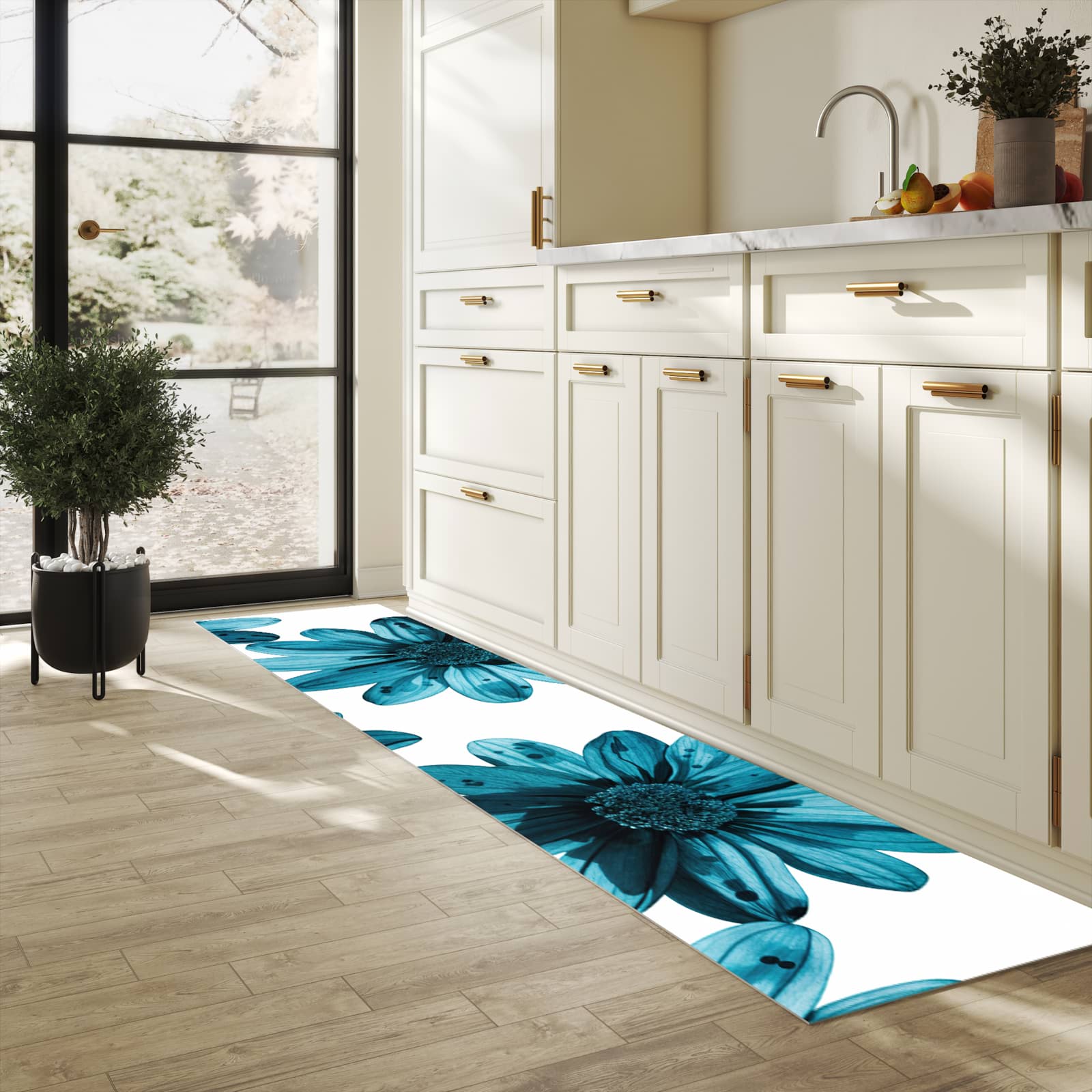 Rutschfester Küchenläufer mit Motiv Geblümt für Trittkomfort in heller Küche