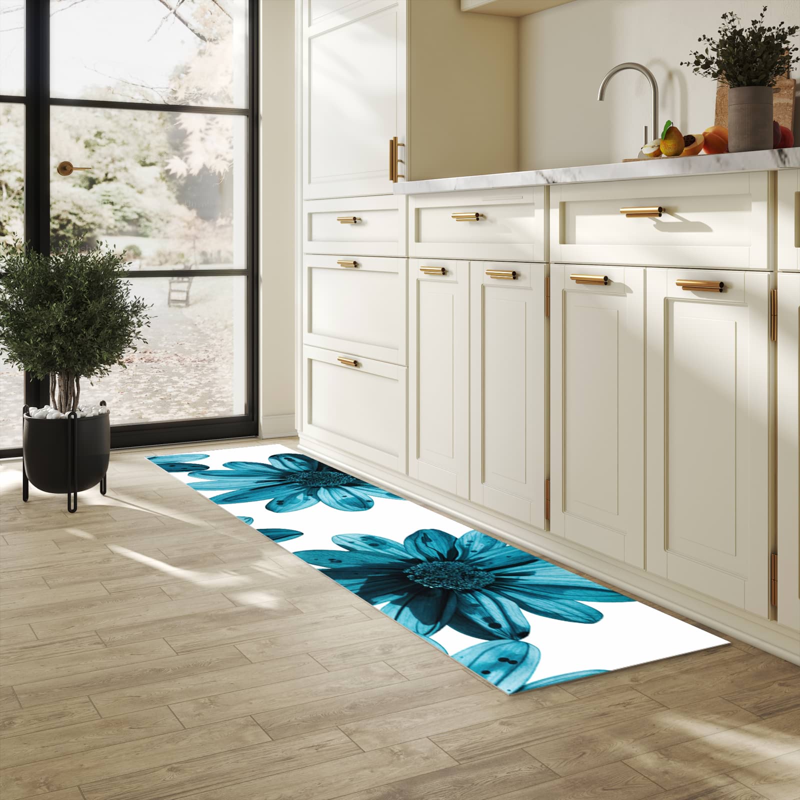 UV-beständiger rutschfester Küchenläufer mit Motiv Geblümt in heller Küche