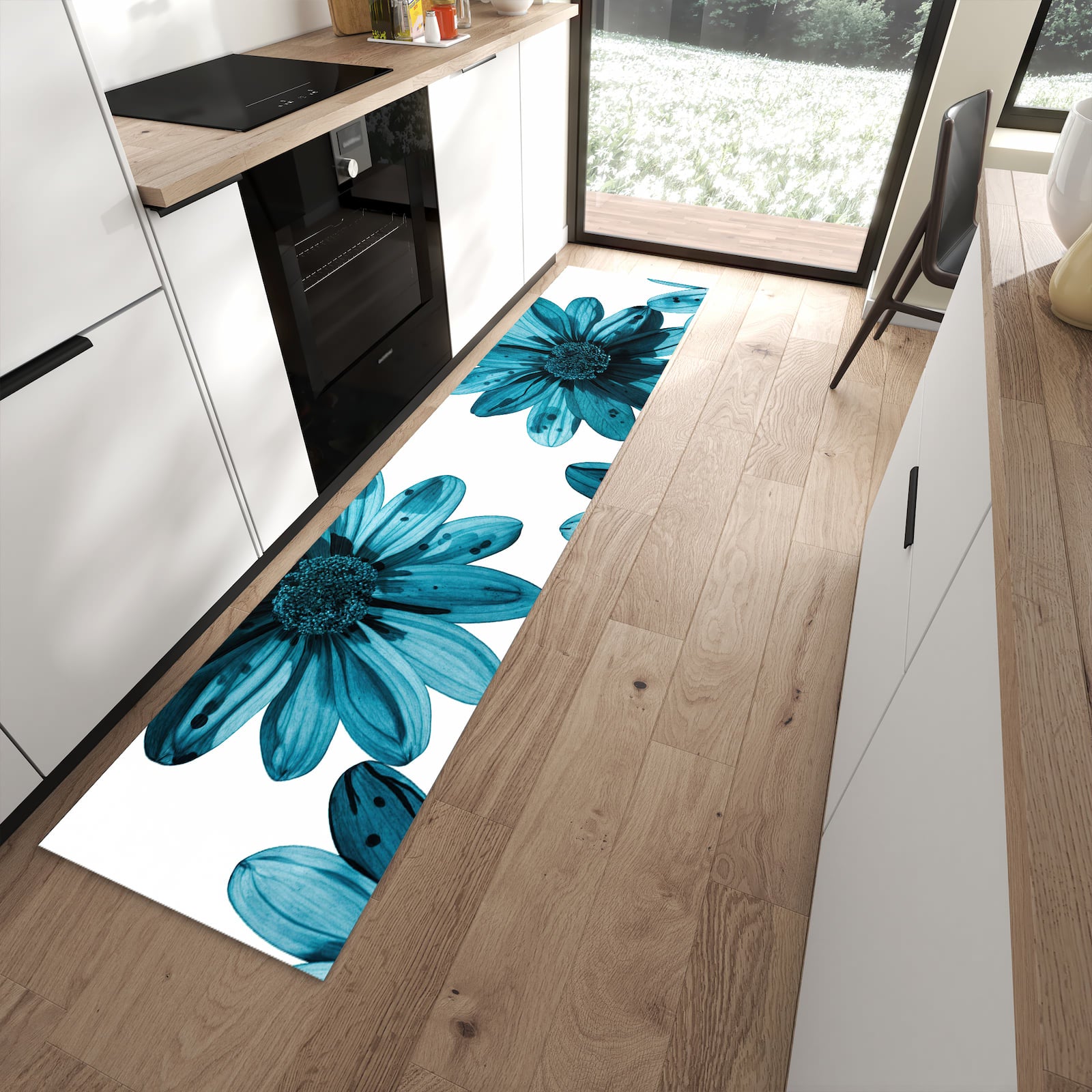 Komfortabler Küchenteppich mit Motiv Geblümt in moderner Küche
