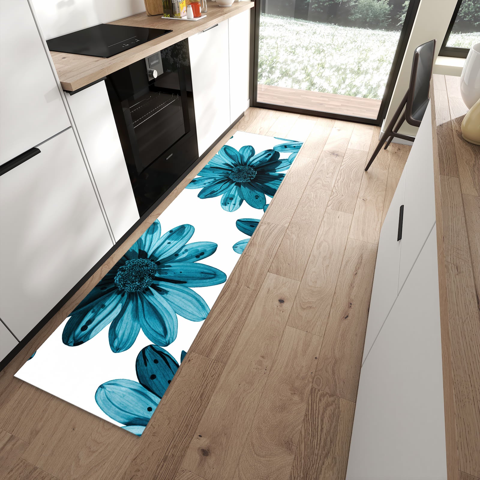 UV-beständiger Küchenteppich mit Motiv Geblümt in moderner Küche