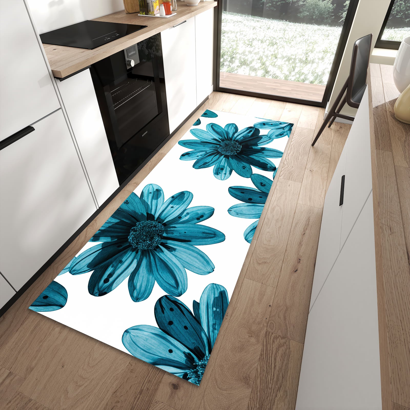 Komfortabler Küchenläufer mit Motiv Geblümt in moderner Küche