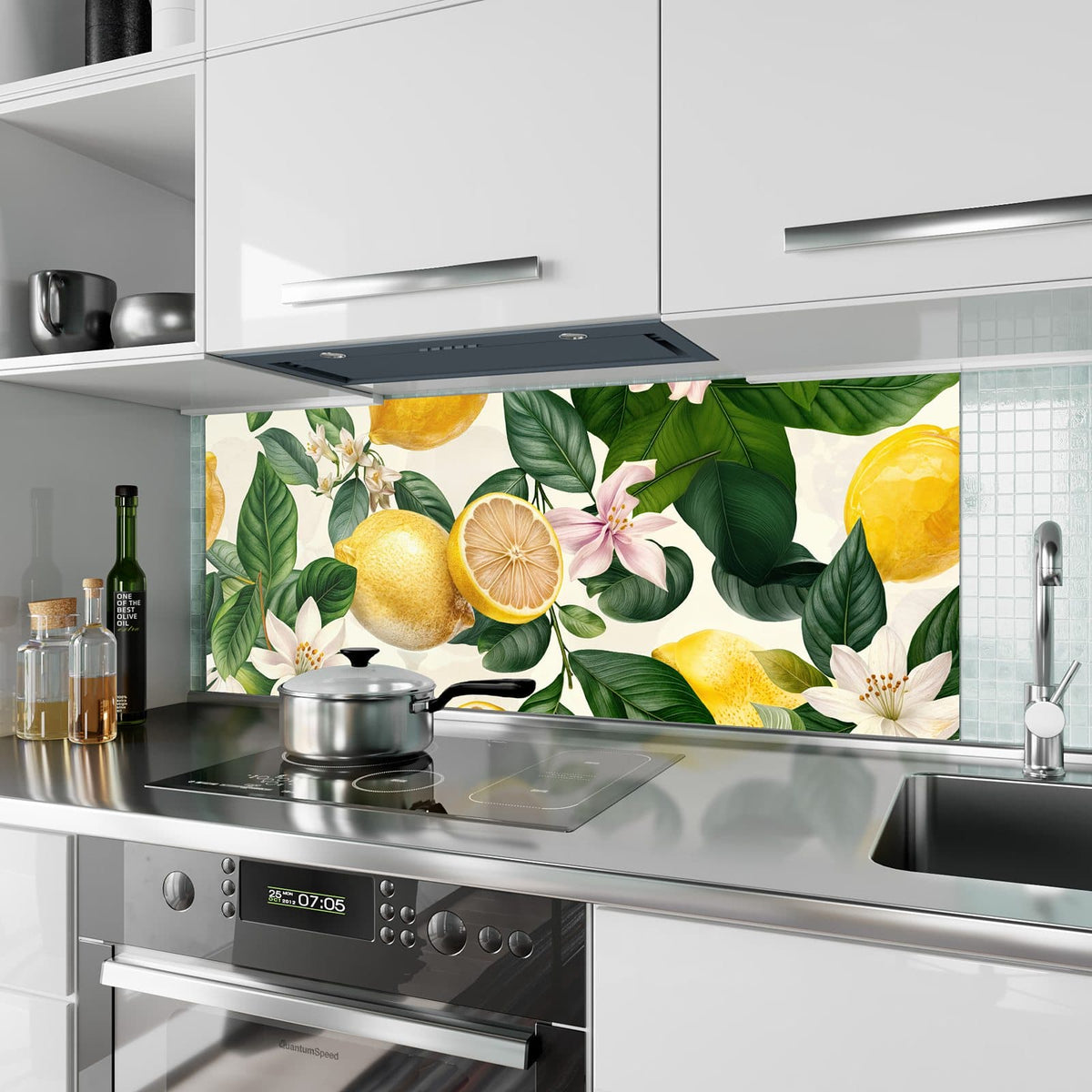 Küchenrückwand aus Glas Zitronen und Blüten im Hochformat als Spritzschutz hinter dem Kochfeld, über dem Fliesenspiegel montiert