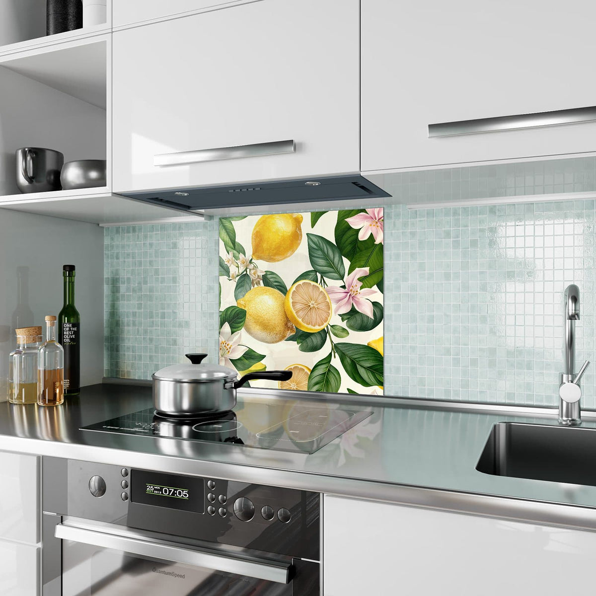 Küchenrückwand Zitronen und Blüten aus Glas – Zitronen mit Blättern und Blüten