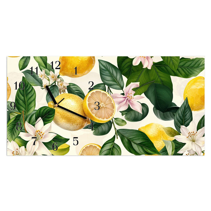 Wanduhr Zitronenblumen aus Glas – Querformat 60 × 30 cm mit Ziffernblatt Klassisch