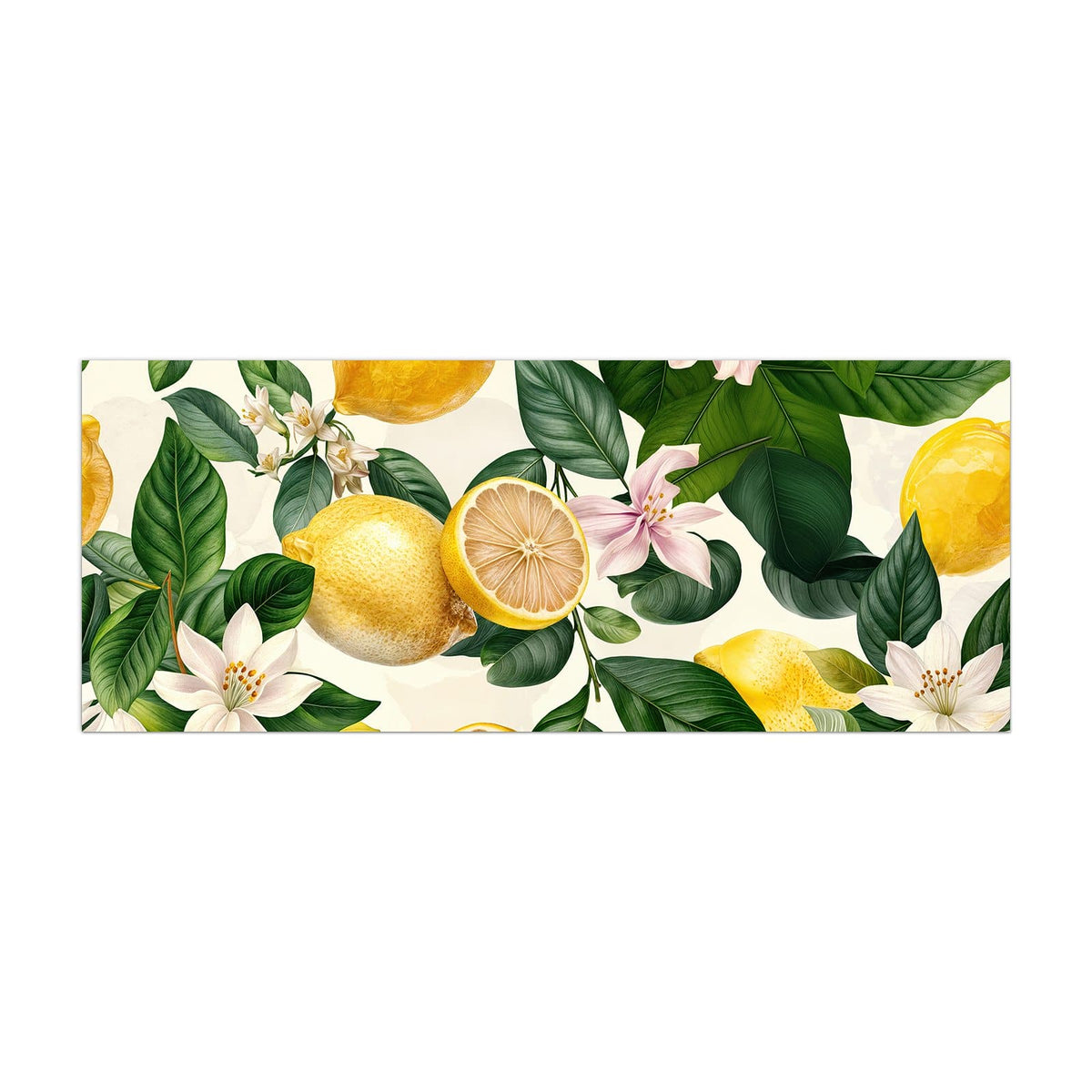 Küchenrückwand aus Glas Zitronen und Blüten im Hochformat, Motiv bildfüllend von vorn