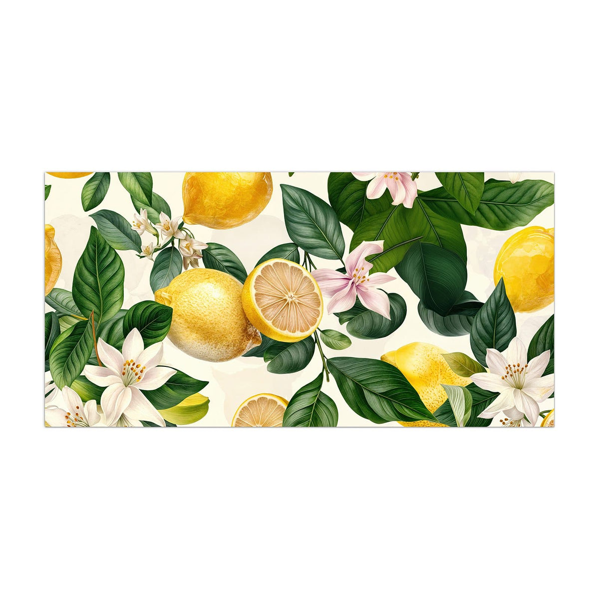 Küchenrückwand aus Glas Zitronen und Blüten im Hochformat, Motiv bildfüllend von vorn
