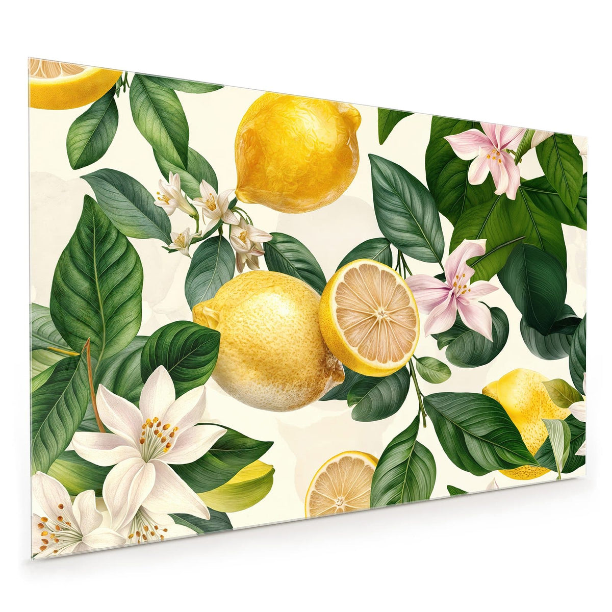 Küchenrückwand aus Glas im Hochformat: Illustration mit ganzen und halbierten Zitronen, großen grünen Blättern sowie rosa und weißen Blüten auf Creme