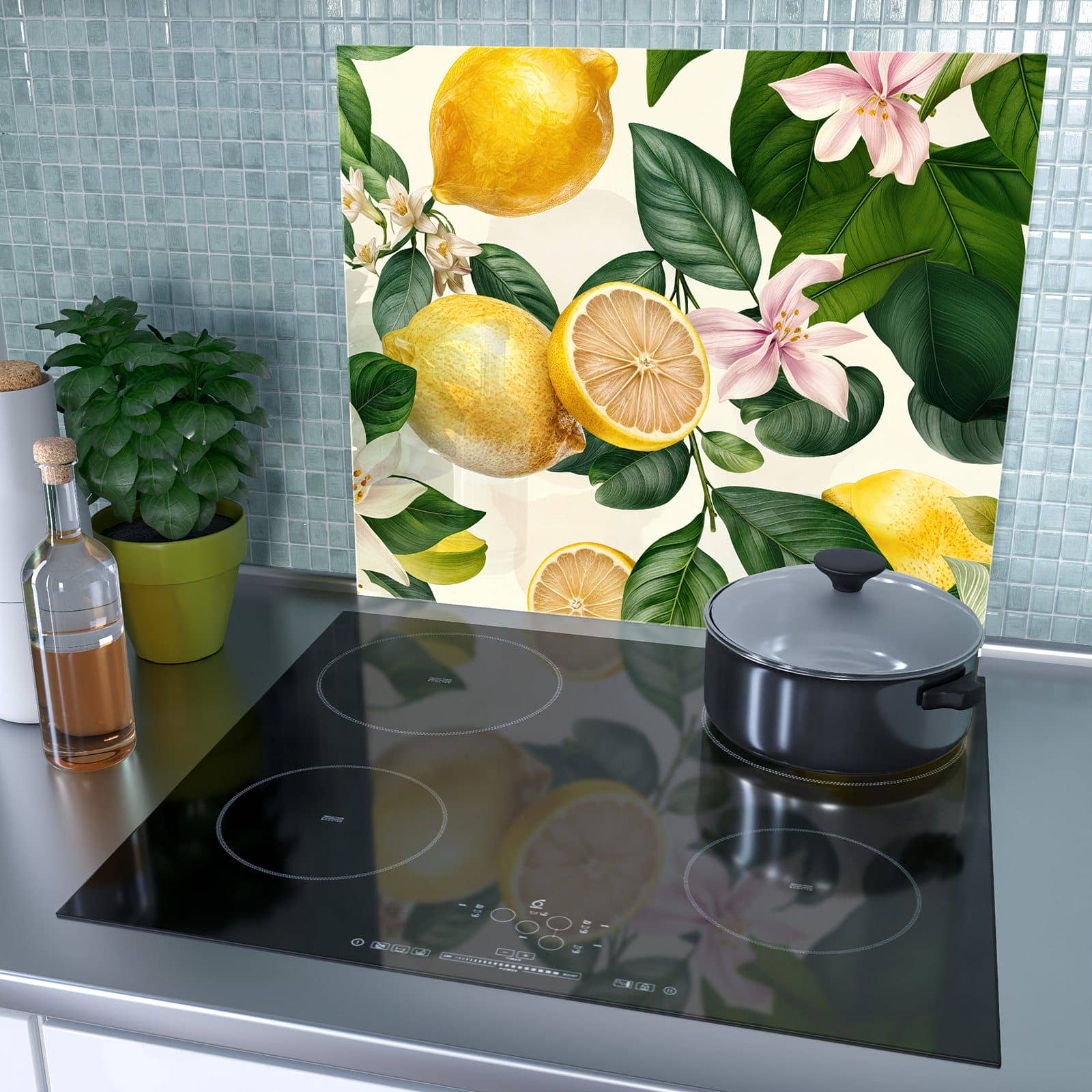 1-teilige Herdabdeckung für Induktionsfeld mit Zitronenblumen-Motiv als Spritzschutz hinter dem Kochfeld