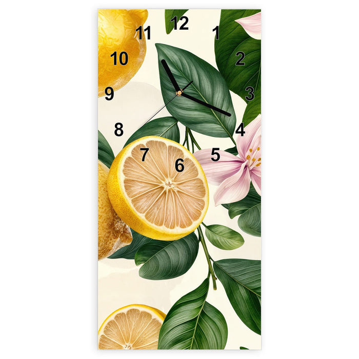 Wanduhr Zitronenblumen aus Glas – Hochformat 30 × 60 cm mit Ziffernblatt Modern