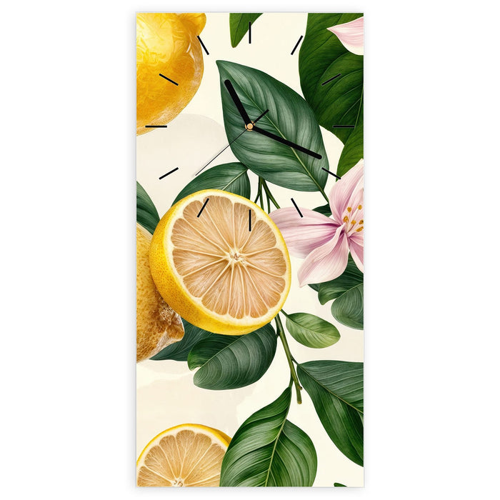 Wanduhr Zitronenblumen aus Glas – Hochformat 30 × 60 cm mit Ziffernblatt Linie