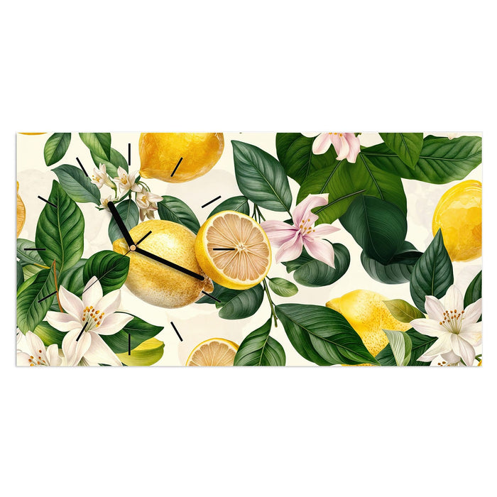 Wanduhr Zitronenblumen aus Glas – Querformat 60 × 30 cm mit Ziffernblatt Linie