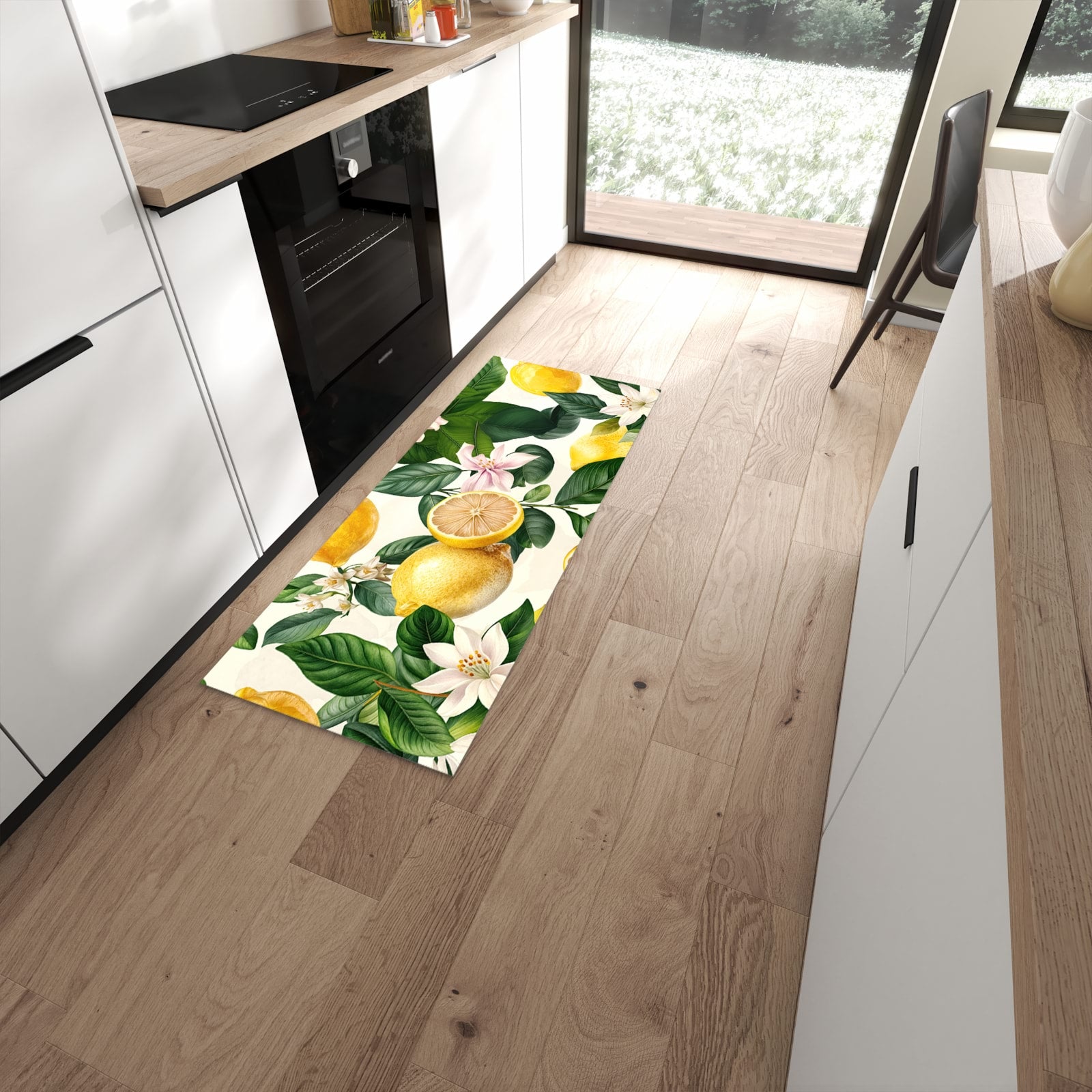 Küchenteppich mit Motiv Zitronenblumen für angenehme Haptik in moderner Küche #grösse_60 x 150 cm
