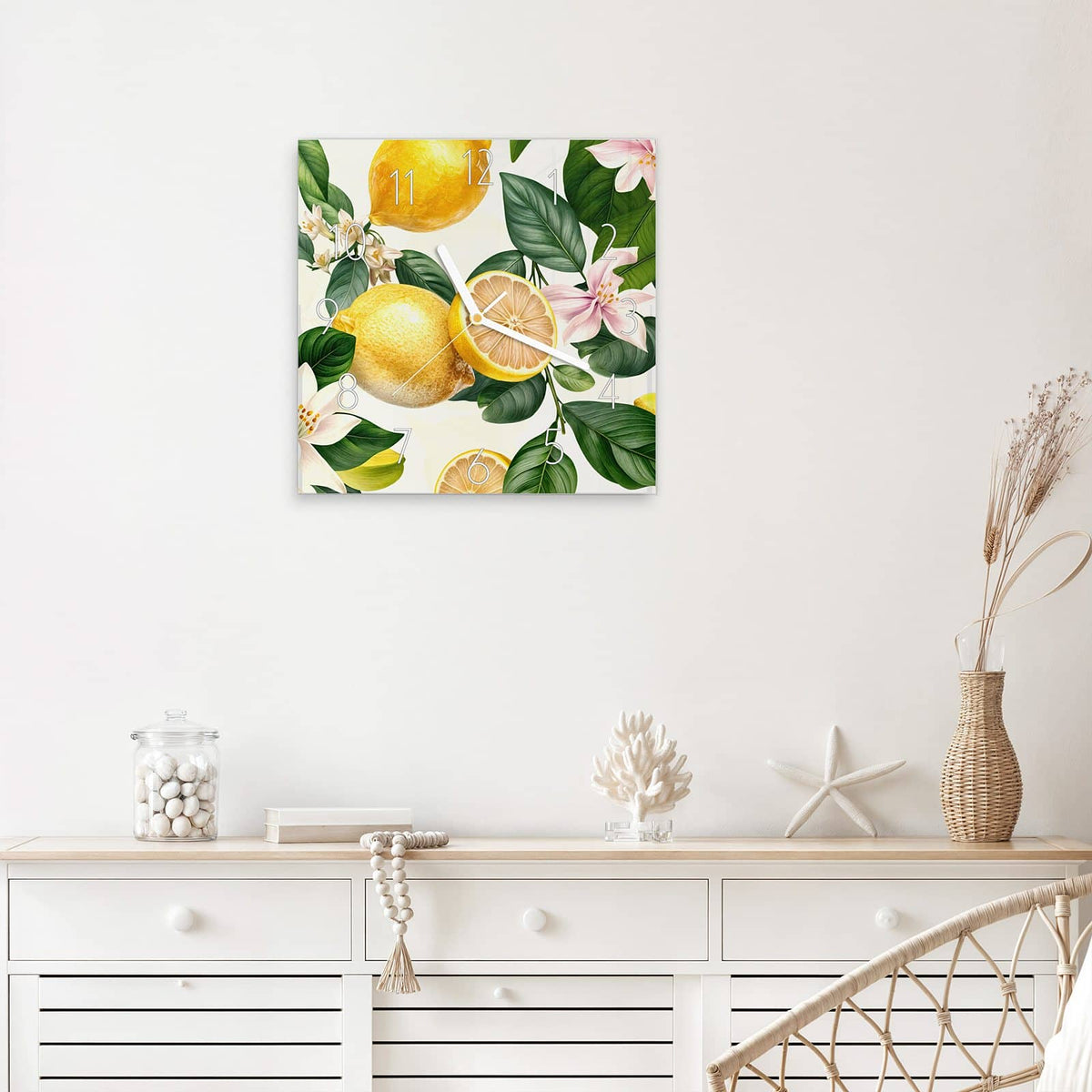 Wanduhr Zitronen und Blüten aus Glas – Quadratisch 30 × 30 cm – Zitronen mit Blättern und Blüten