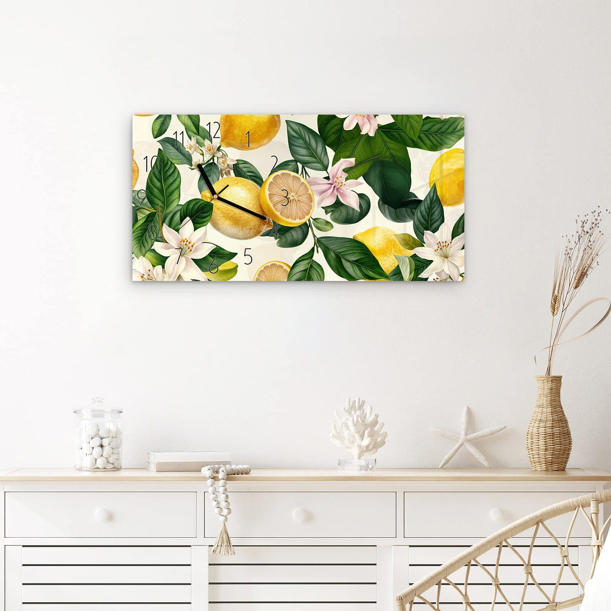 Wanduhr Zitronenblumen aus Glas – Querformat 60 × 30 cm – Zitronen mit Blättern und Blüten