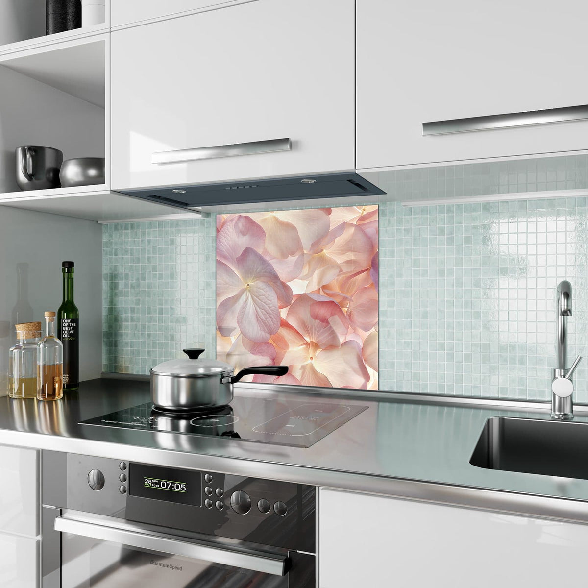 Küchenrückwand Hortensien in Pastell aus Glas – Hortensienblüten in Pastelltönen