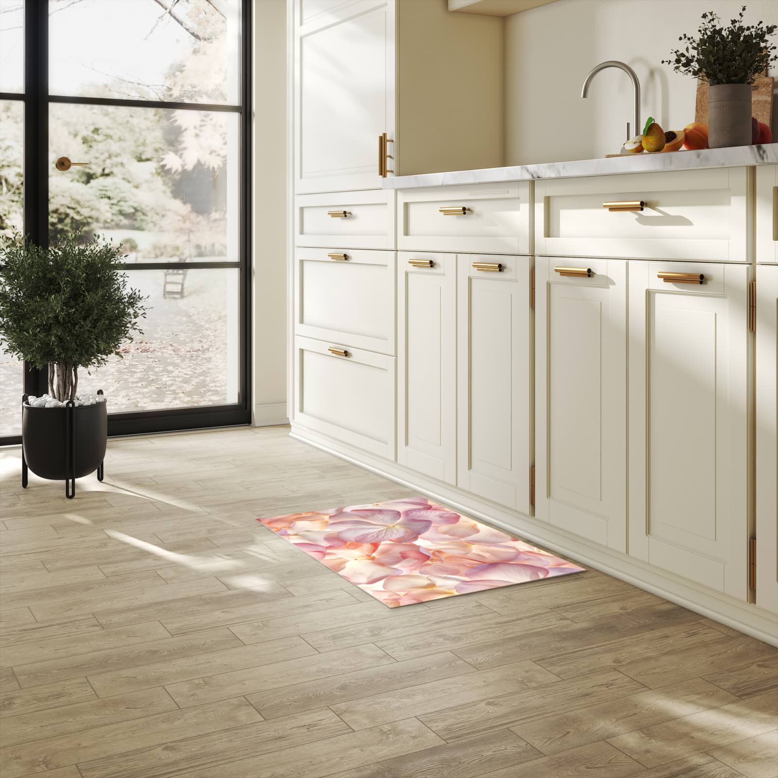Rutschfester Küchenteppich mit Motiv Pastellblütenzauber in heller Küche