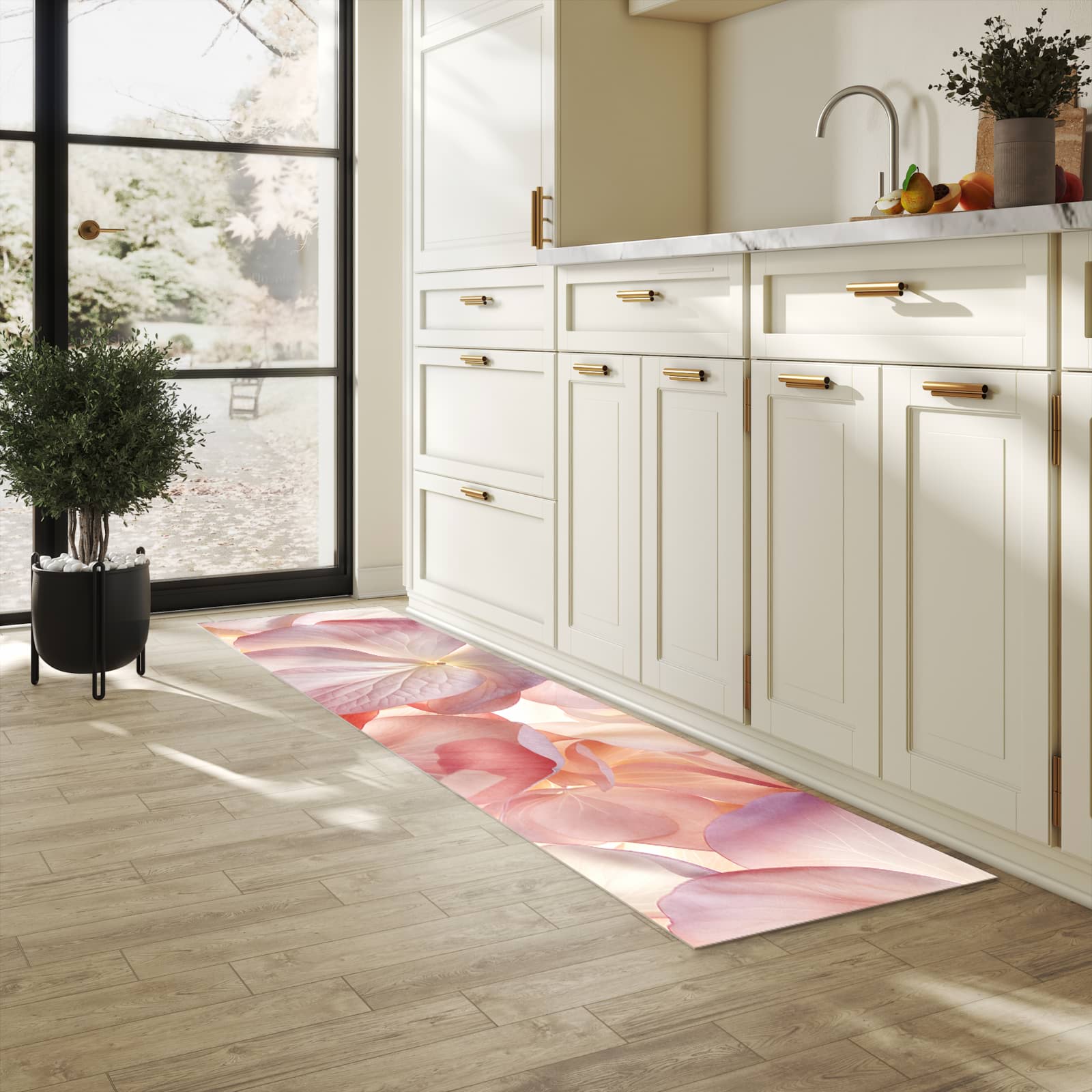 Waschbarer Küchenteppich mit Motiv Pastellblütenzauber in heller Küche