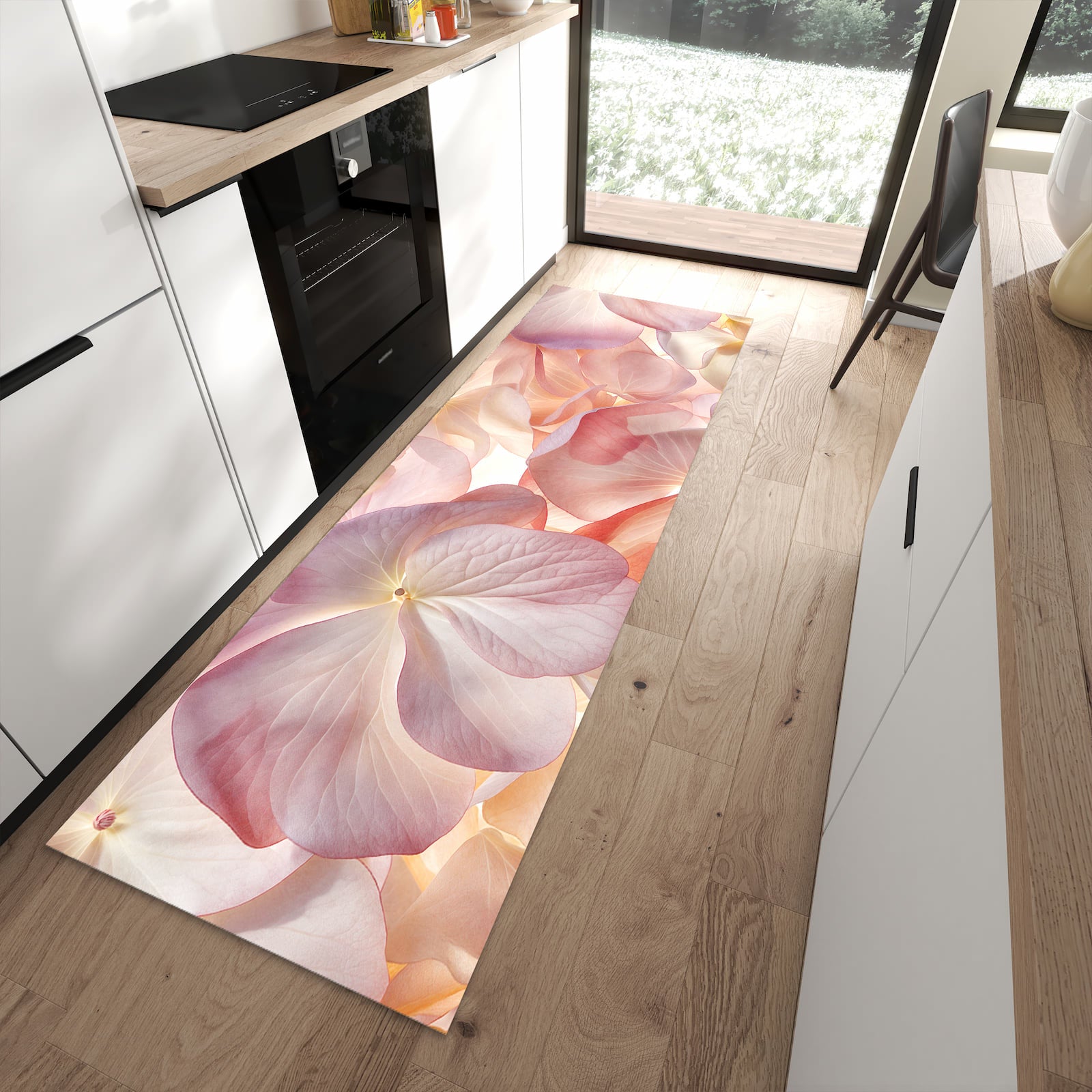 Waschbarer Küchenläufer mit Motiv Pastellblütenzauber für Ordnung in moderner Küche