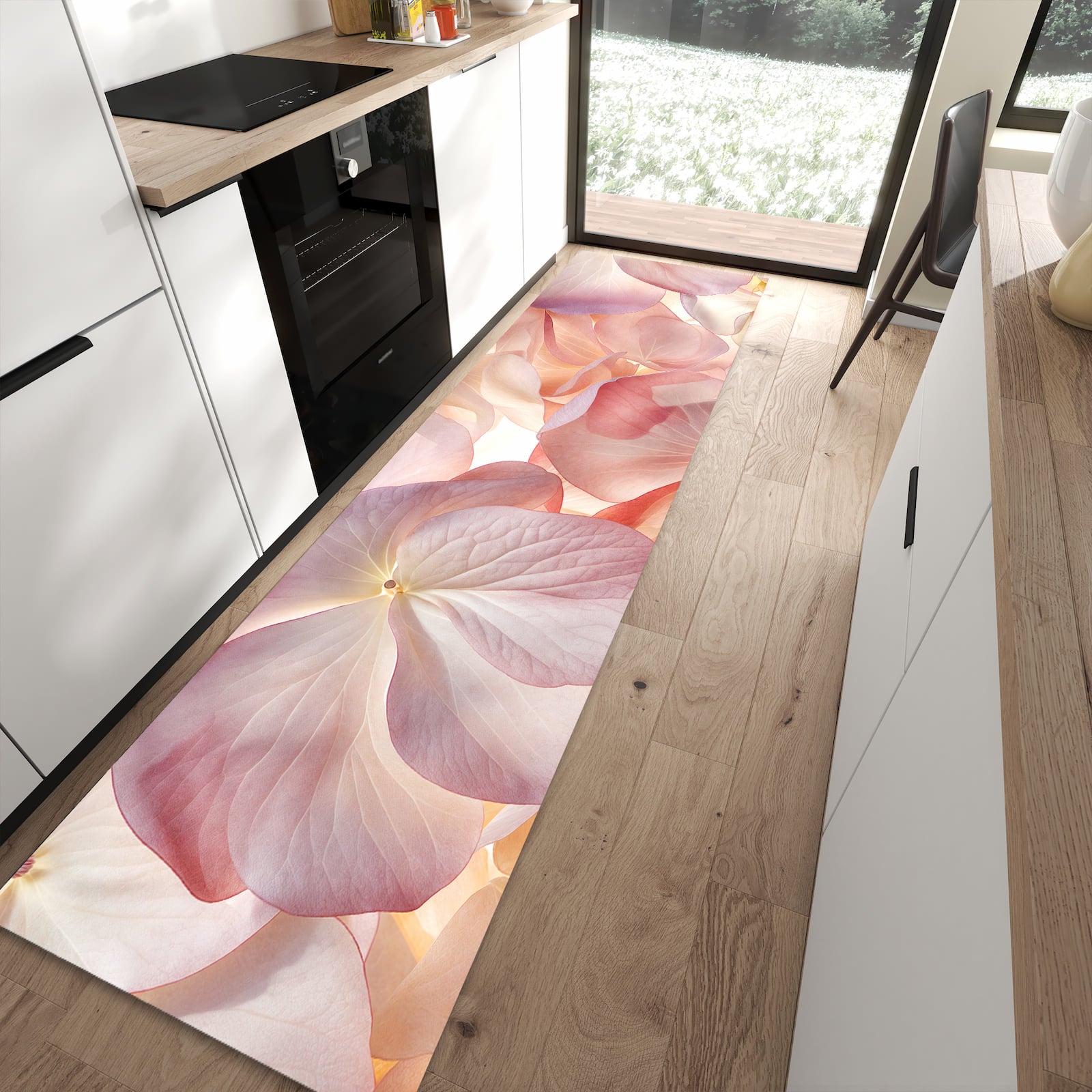 Farbbeständiger Küchenläufer mit Motiv Pastellblütenzauber in moderner Küche