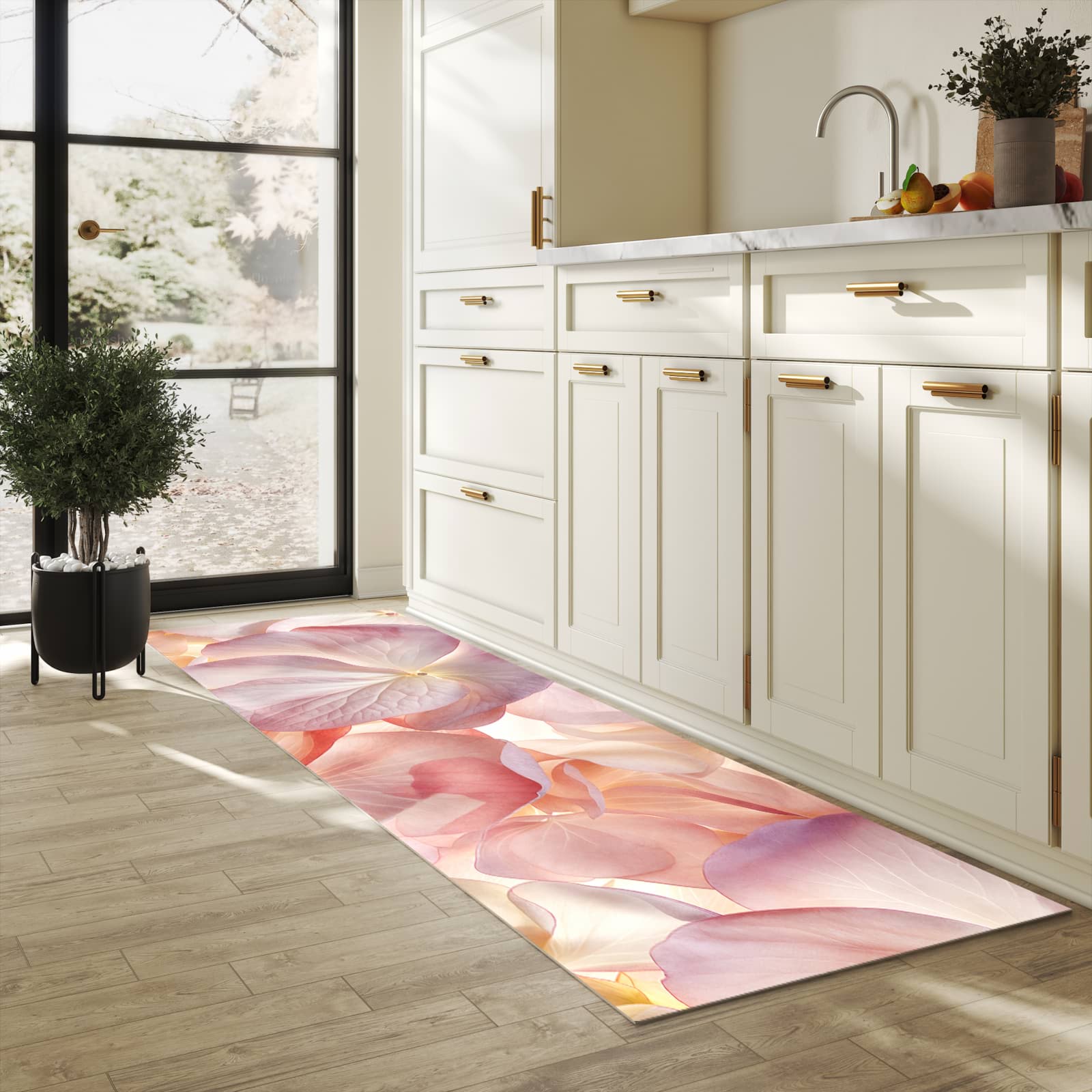 Waschbarer Küchenteppich mit Motiv Pastellblütenzauber für Ordnung in heller Küche