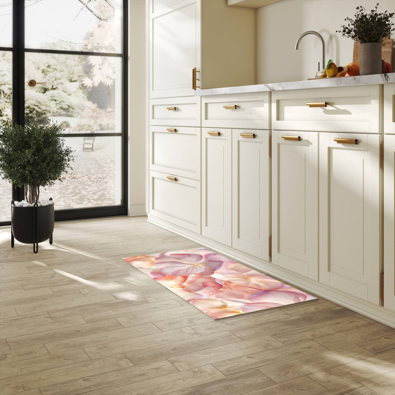 Pflegeleichter rutschfester Küchenteppich mit Motiv Pastellblütenzauber in heller Küche