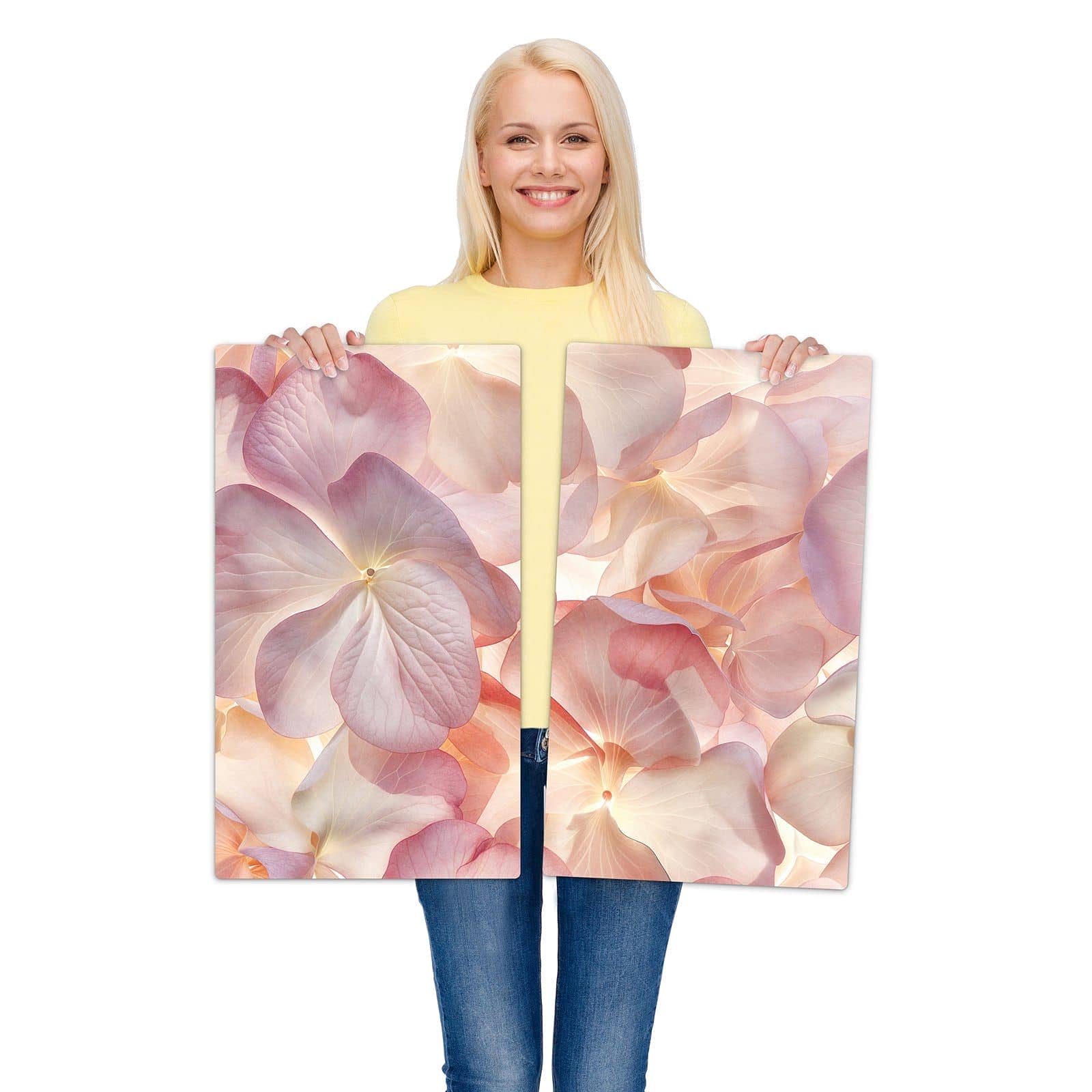 2-teilige Glasplatte für Herd mit Pastellblütenzauber-Motiv wird zur Größendarstellung gehalten