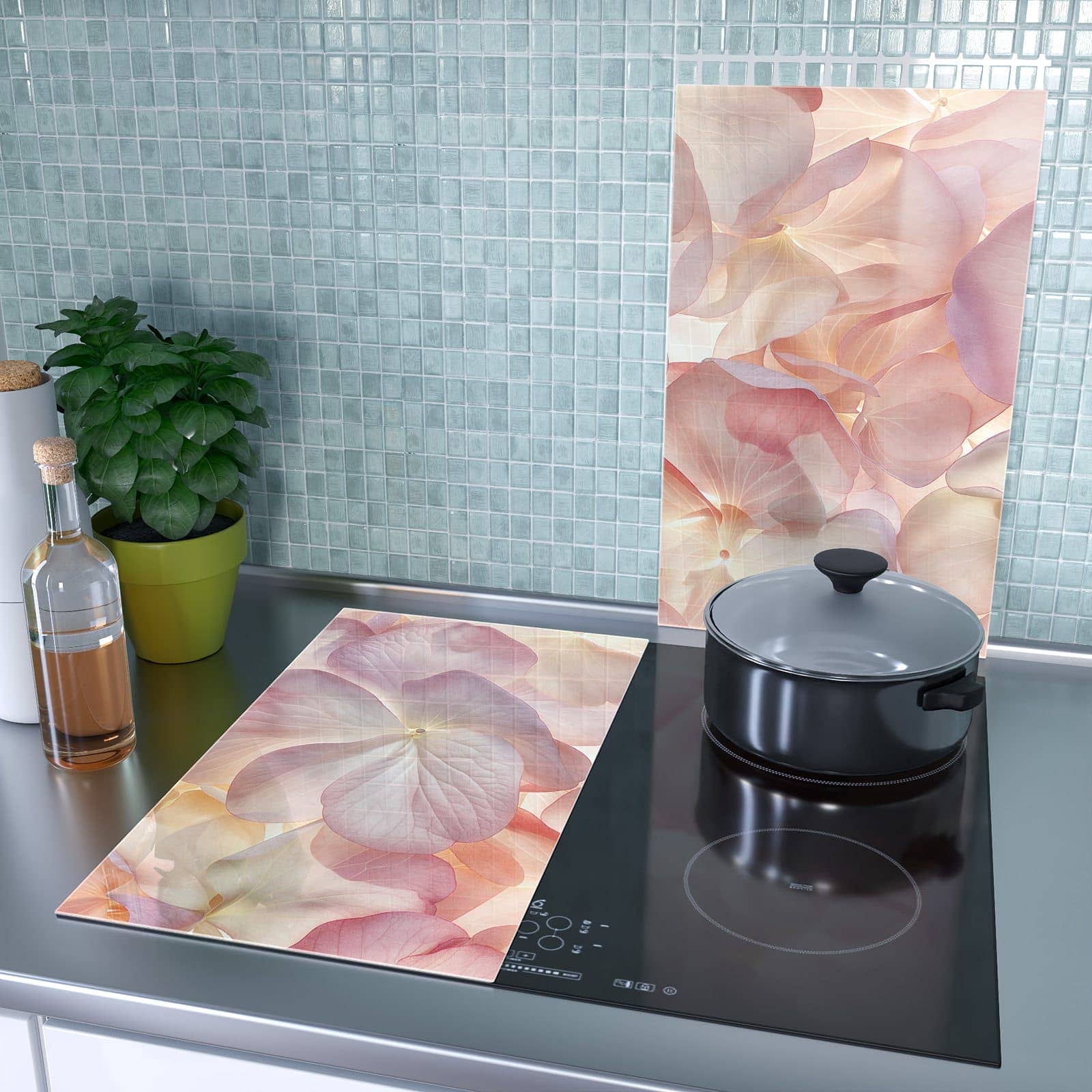 2-teilige Herdabdeckplatten mit Pastellblütenzauber-Motiv als Spritzschutz hinter dem Kochfeld