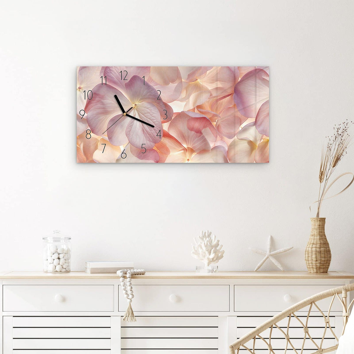 Wanduhr Pastellblütenzauber aus Glas – Querformat 60 × 30 cm – Hortensienblüten in Pastelltönen