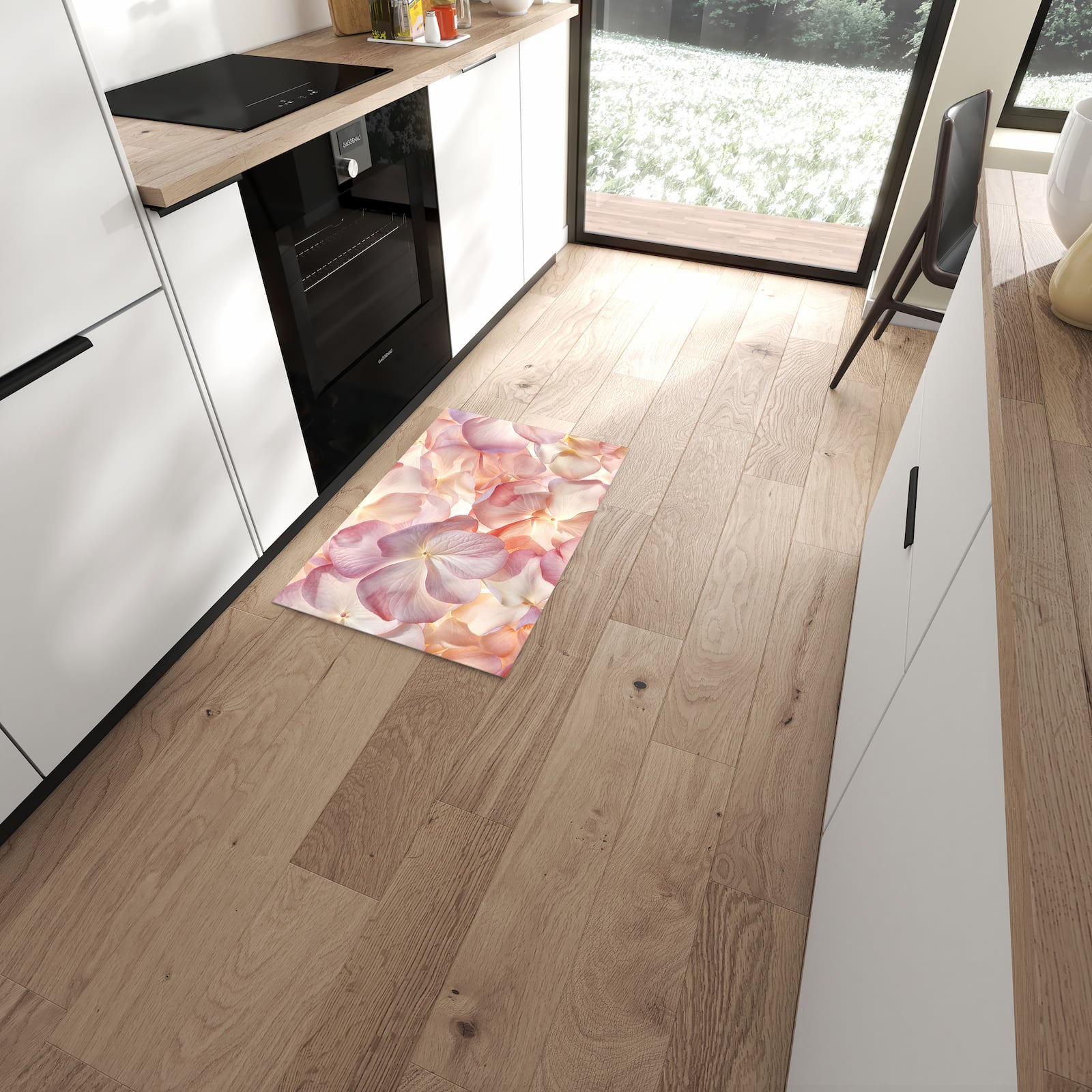 Feuchtigkeitsresistenter rutschfester Küchenläufer mit Motiv Pastellblütenzauber in moderner Küche
