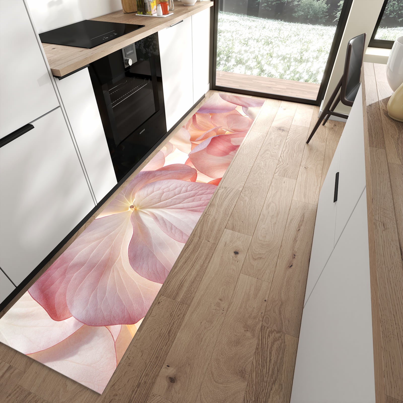 Rutschfester Küchenläufer mit Motiv Pastellblütenzauber in moderner Küche