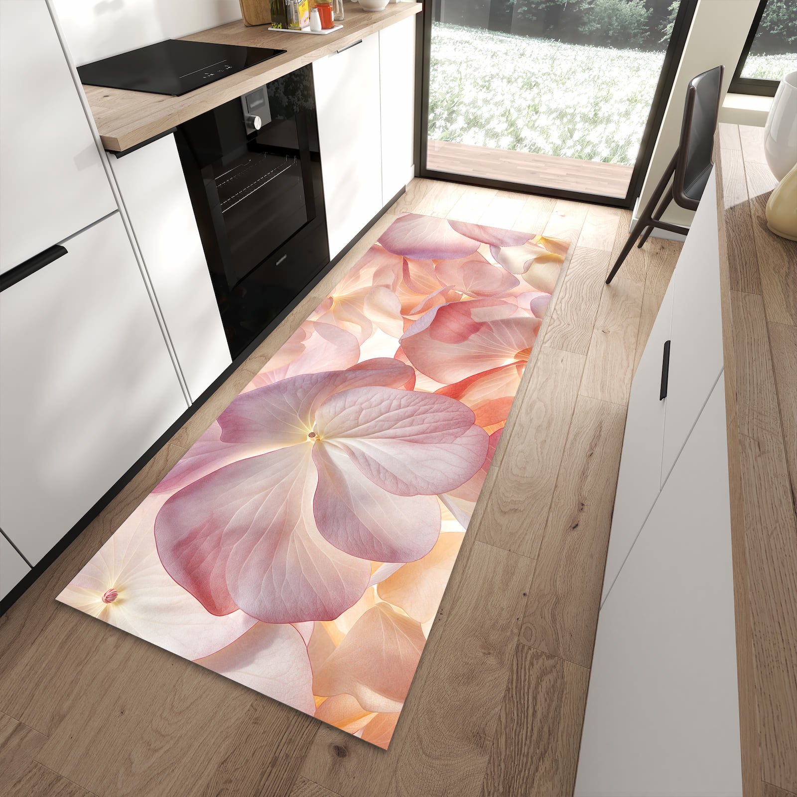 Waschbarer Küchenläufer mit Motiv Pastellblütenzauber in moderner Küche für sichere Aufbewahrung
