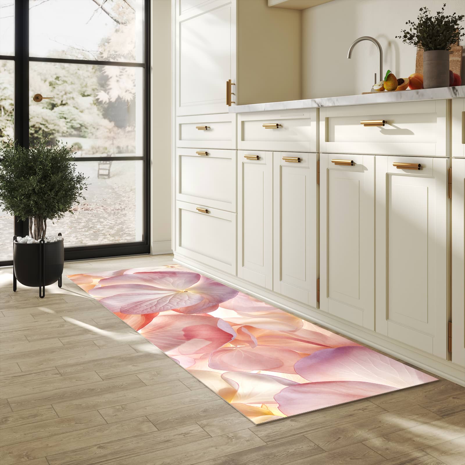 Waschbarer Küchenteppich mit Motiv Pastellblütenzauber in heller Küche schont den Boden