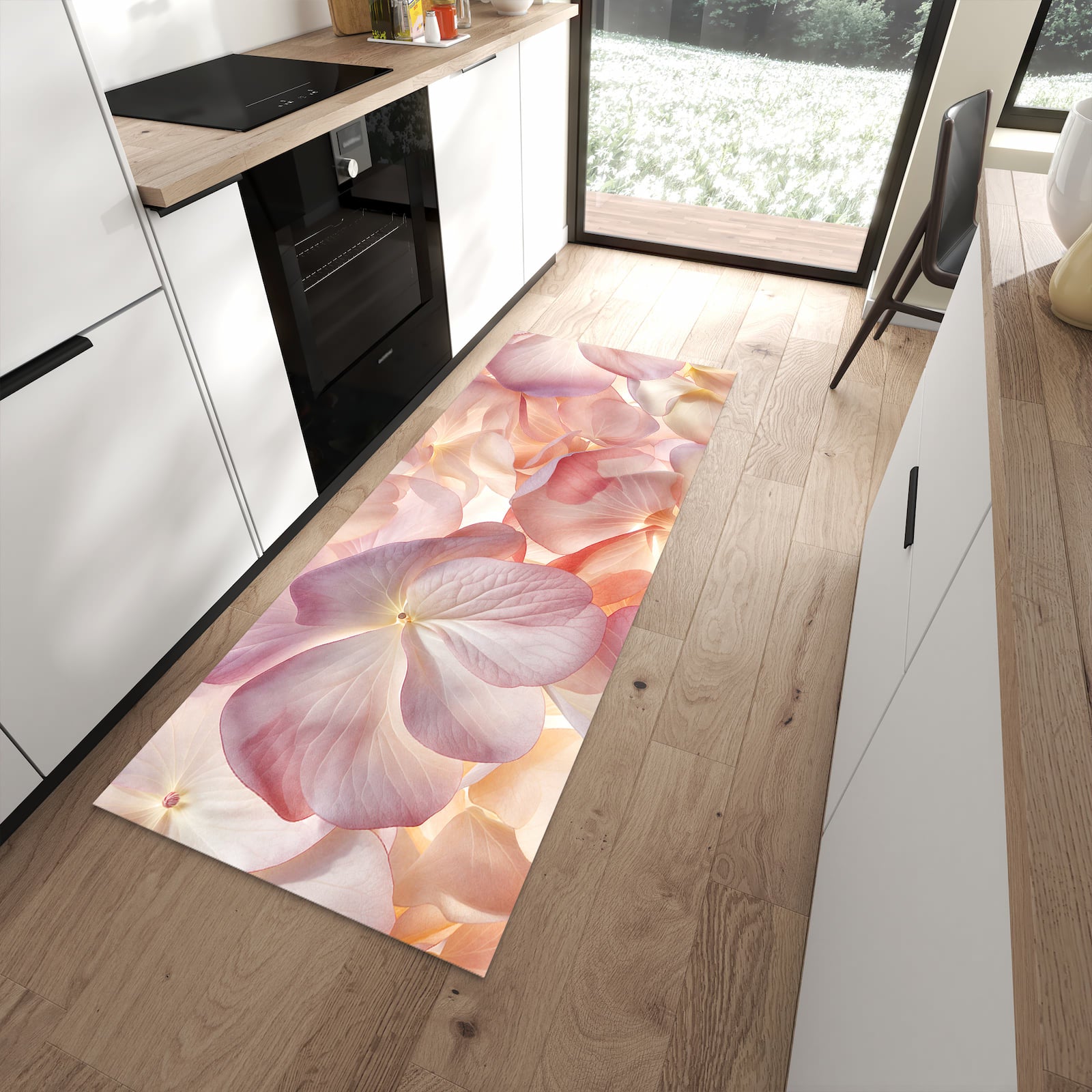 Bodenschonender rutschfester Küchenläufer mit Motiv Pastellblütenzauber in moderner Küche