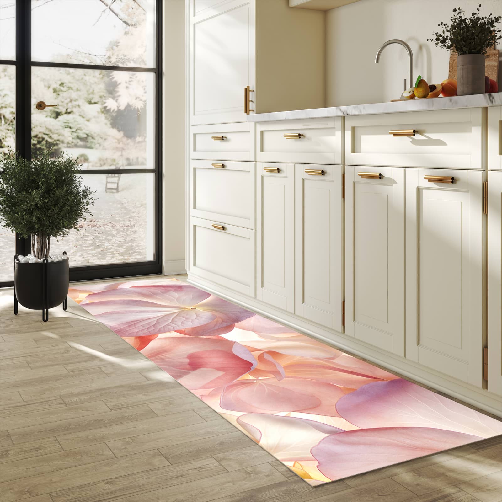 Bodenschonender großer Küchenteppich mit Motiv Pastellblütenzauber in heller Küche