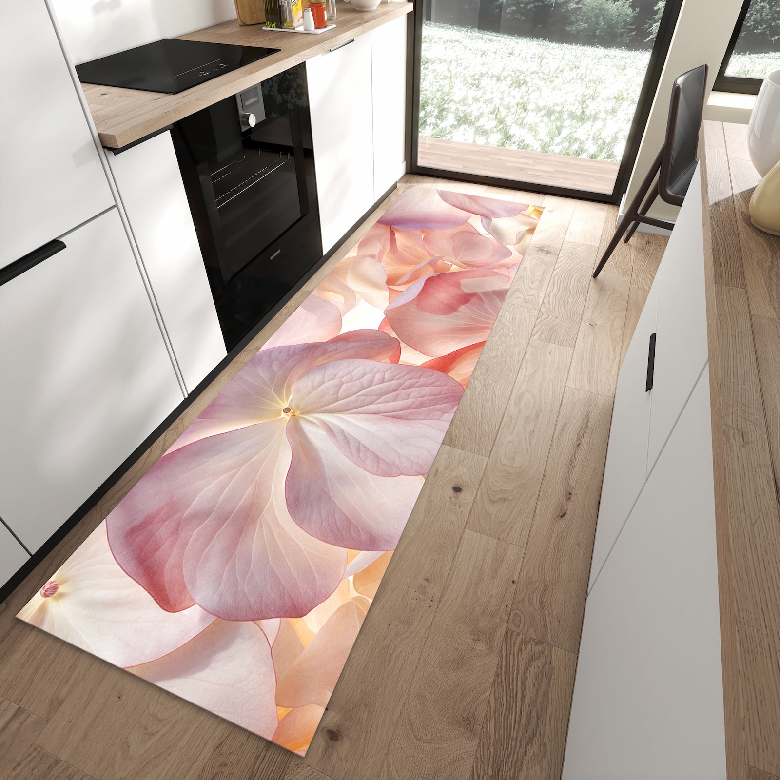 Bodenschonender rutschfester Küchenläufer mit Motiv Pastellblütenzauber in moderner Küche