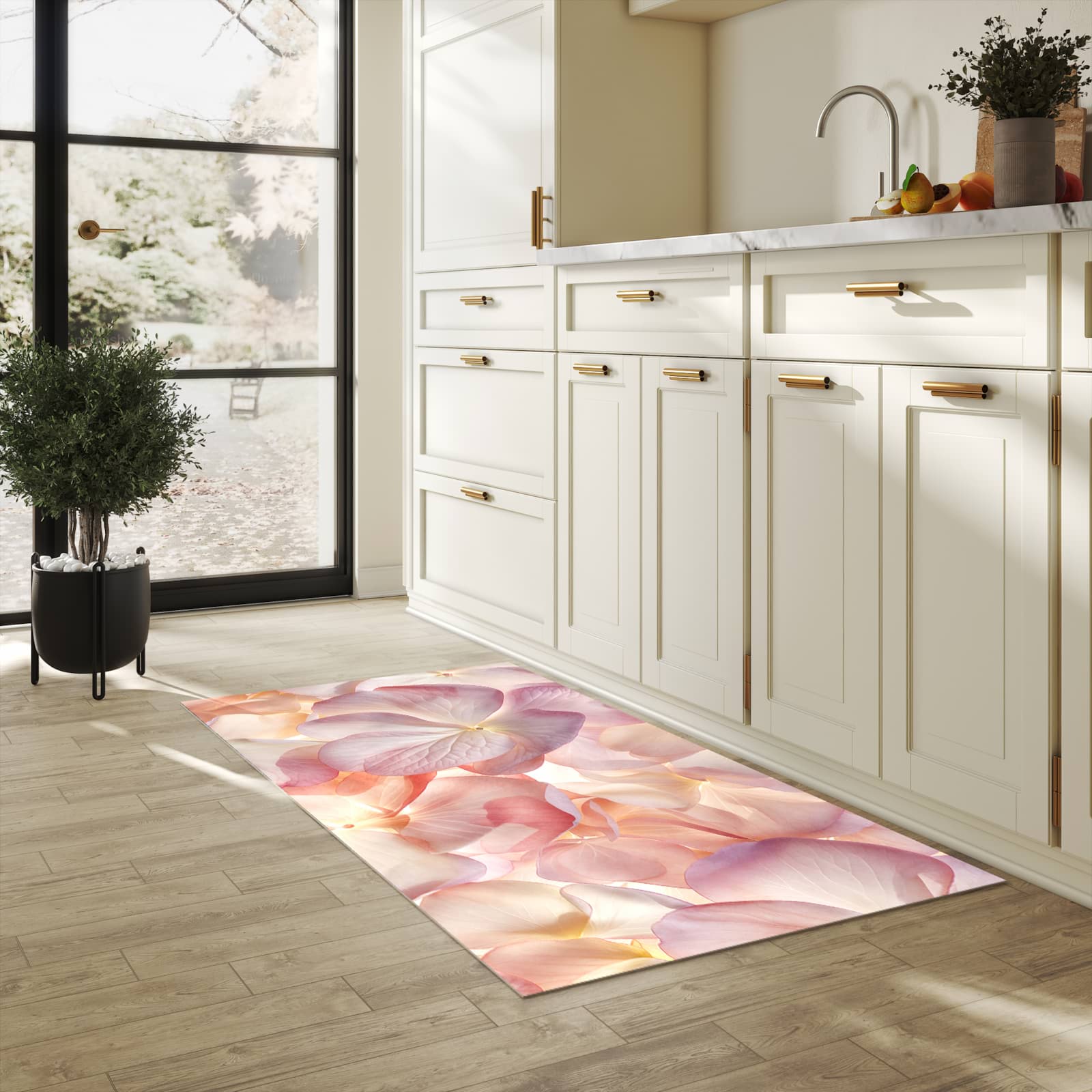 Farbbeständiger rutschfester Küchenteppich mit Motiv Pastellblütenzauber in heller Küche