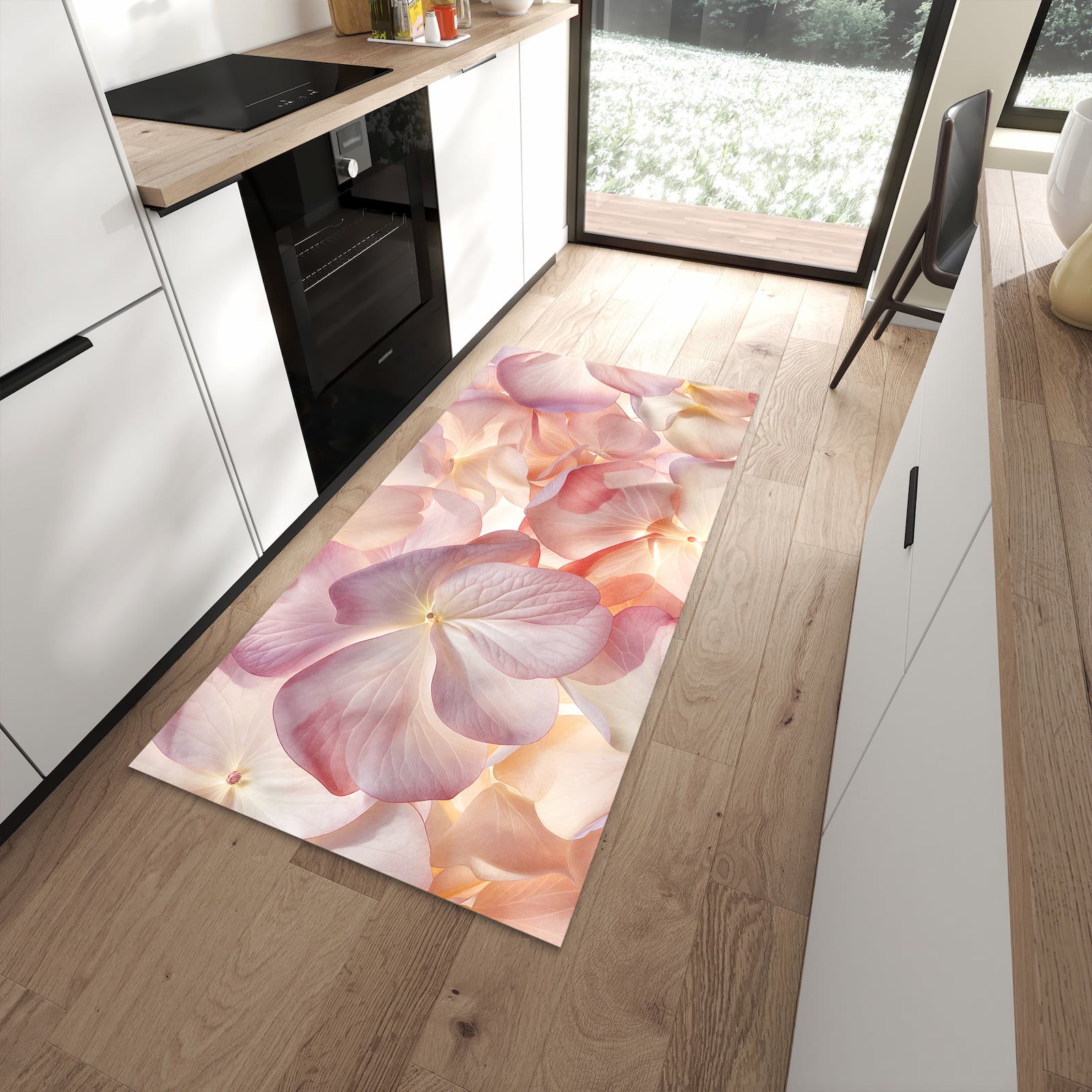 Formstabiler Küchenläufer nach Maß mit Motiv Pastellblütenzauber in moderner Küche