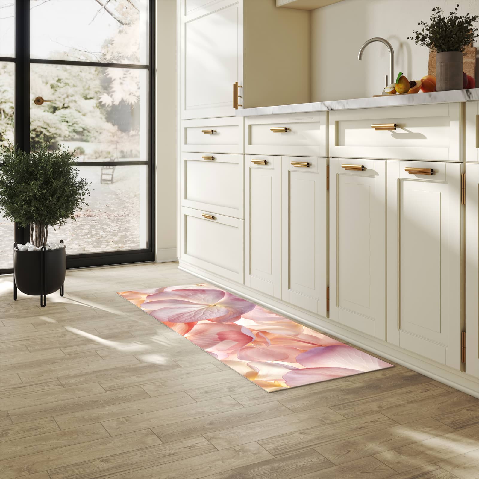 Hygienischer Bodenläufer Teppich mit Motiv Pastellblütenzauber in heller Küche