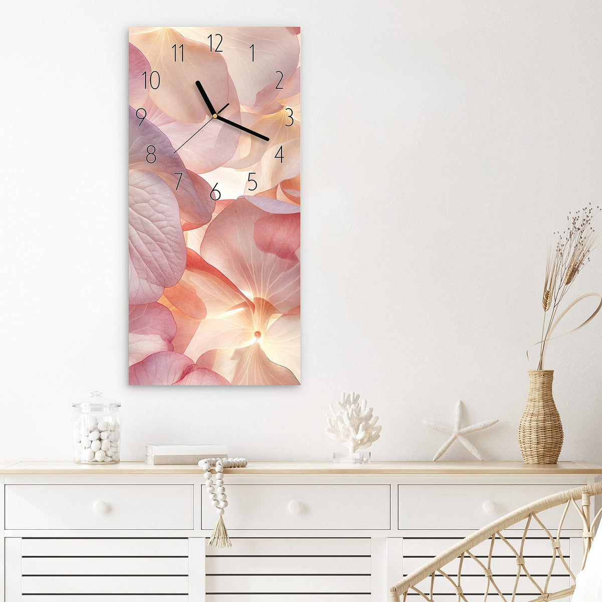 Wanduhr Pastellblütenzauber aus Glas – Hortensienblüten in Pastelltönen