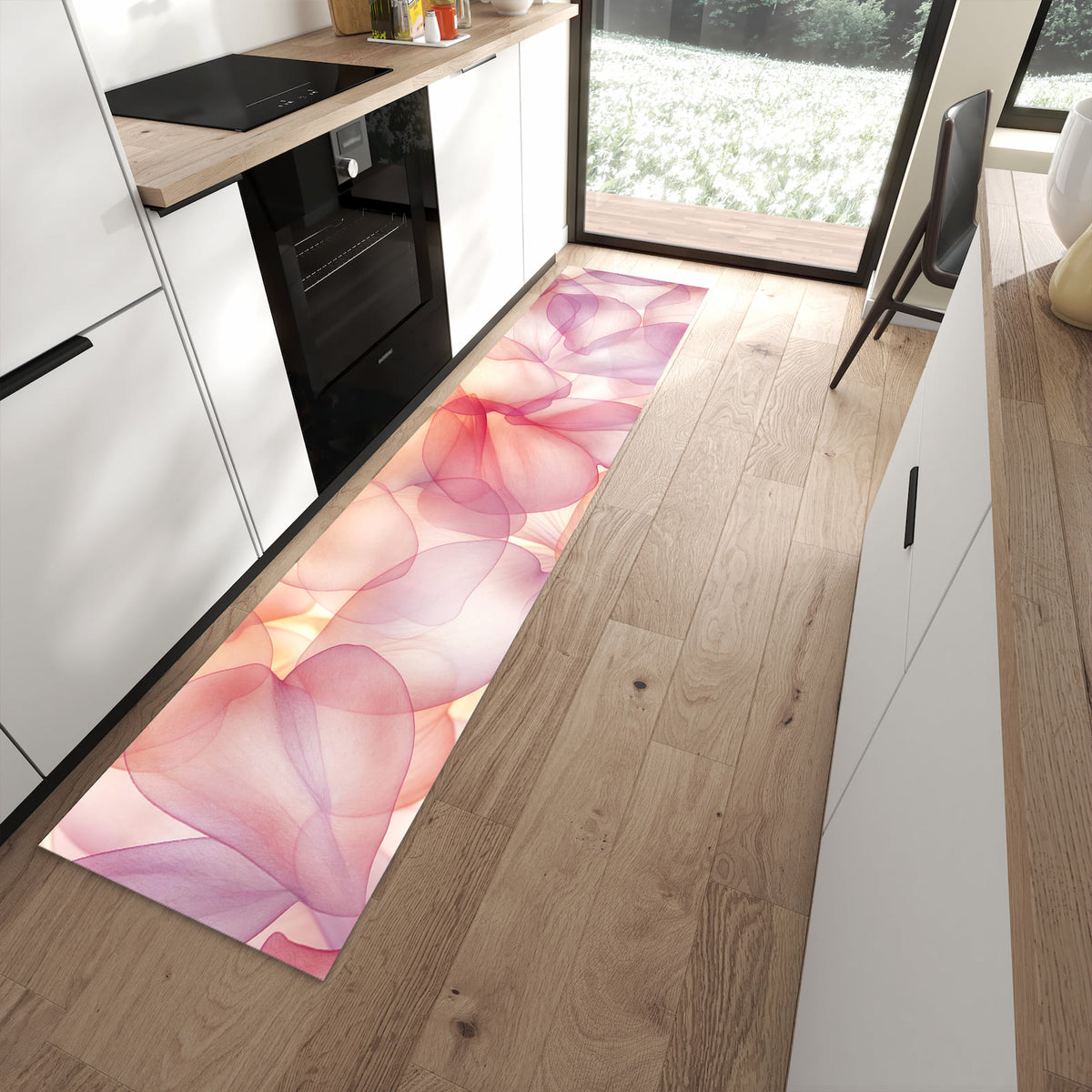 Fleckenresistenter Bodenläufer mit Motiv Zarte Blütenblätter in moderner Küche