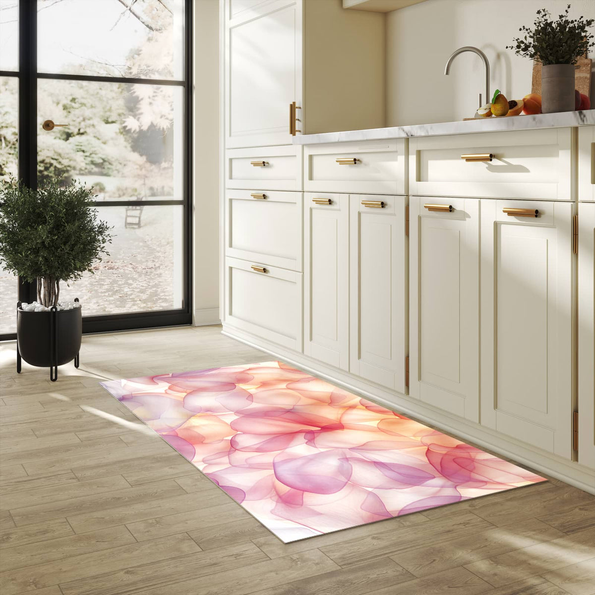 Komfortabler Teppich fürs Esszimmer mit Motiv Zarte Blütenblätter in heller Küche, waschbar